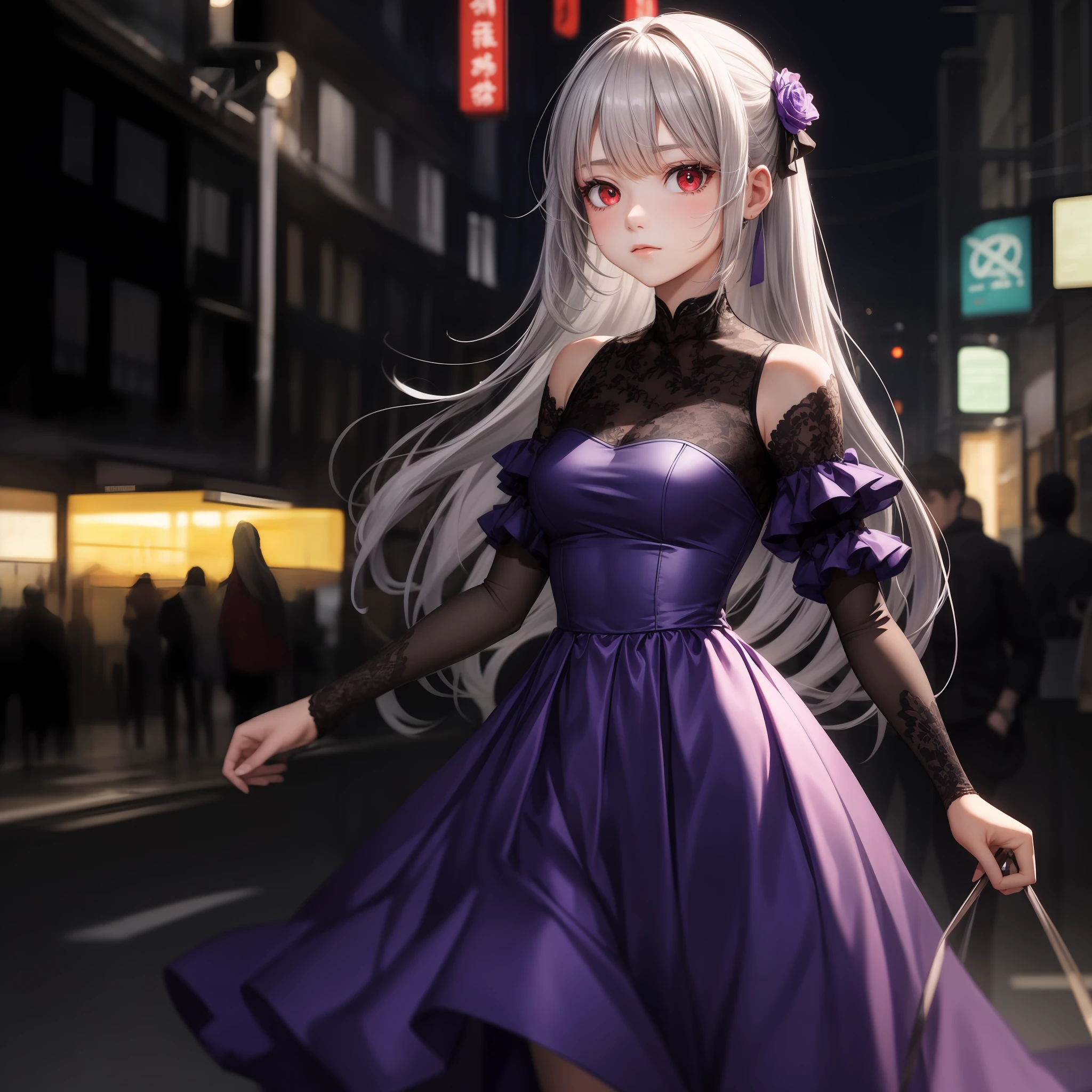gray hair, red eyes, girl, alone, solo, 1girl, purple dress