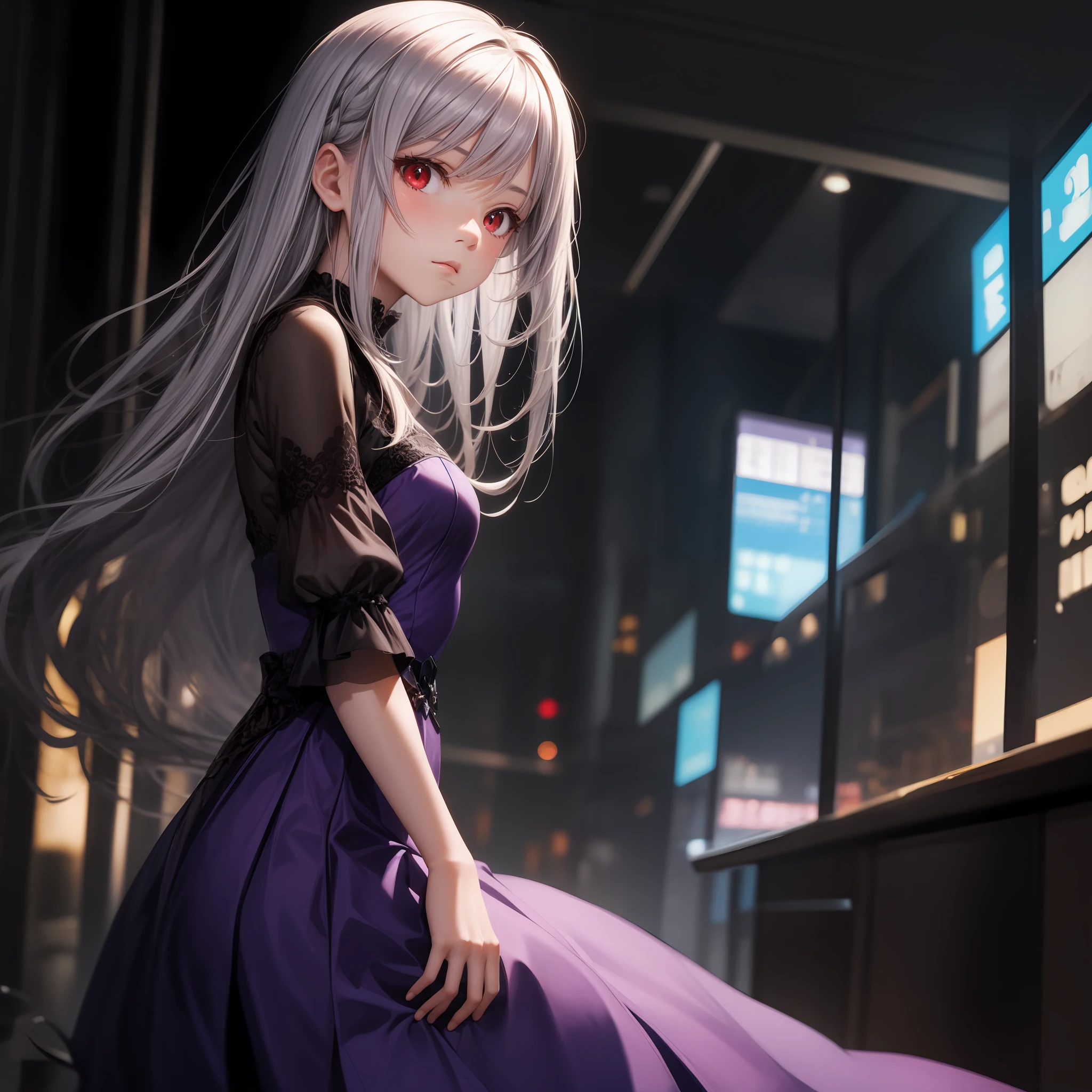 gray hair, red eyes, girl, alone, solo, 1girl, purple dress
