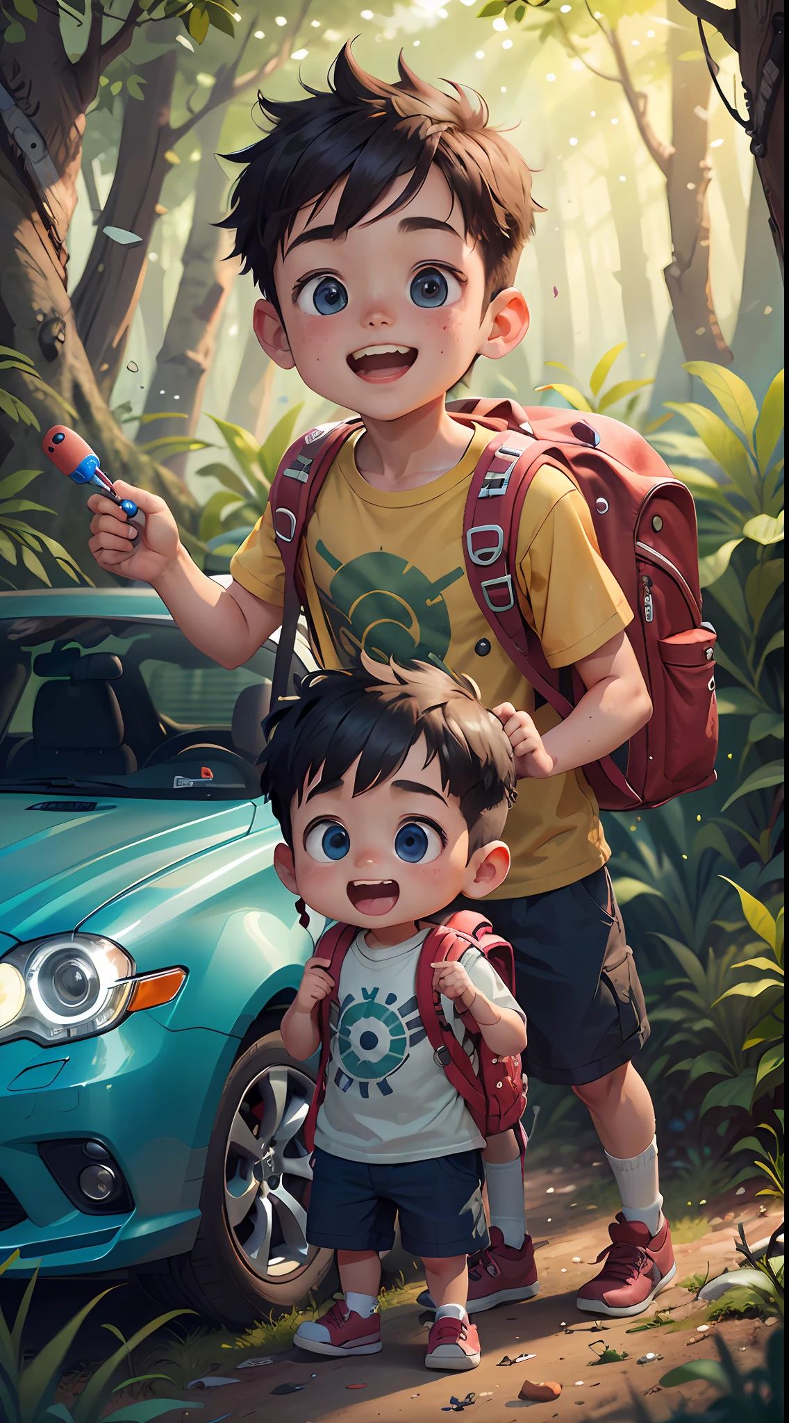 (SFW), two boys playing with cars, spring outing, happy, backpack on back, car toy in hand, forest in the background, perfect quality, clear focus, colorful, perfect face, intricate details, ultra-low viewing angle, wide angle lens