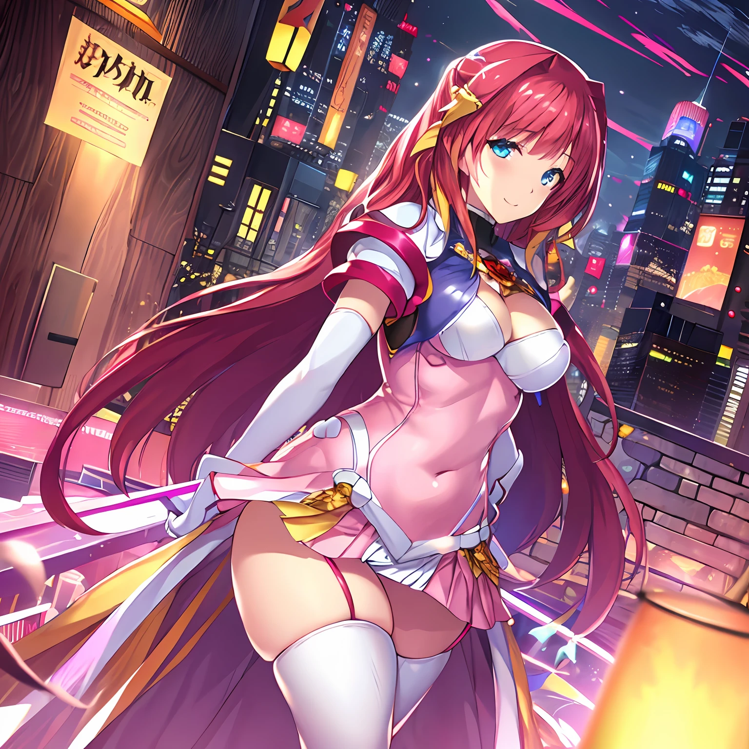 (hyper extreme detailed),(masterpeace),(hyper extreme),(photorealistic),CG,(colour:1.2), beautiful lighting,light from the front, solo,smlie,   Escalayer,pink hair,long hair,hair_ornament,blue eyes,pink dress,white long glove,thigh_boots,