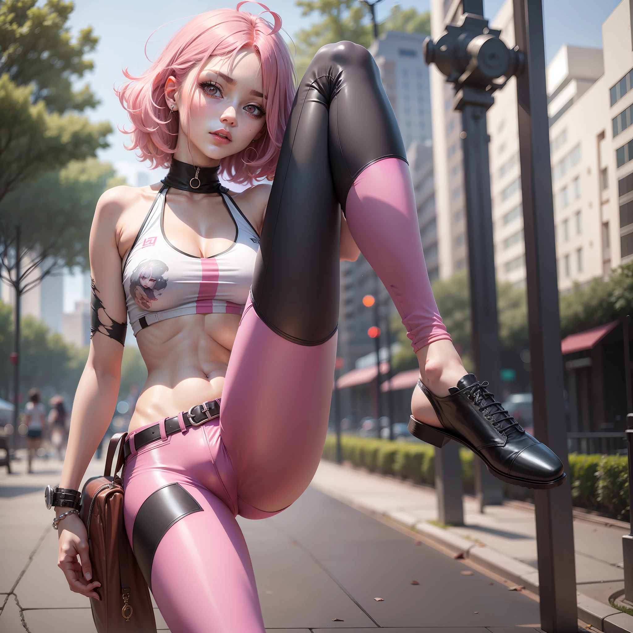 Girl, pink hair, thin legs, big breasts, short clothes, wearing leg pants, pink eyes, in one, park, sorindo, masterpiece, cracked abdomen,