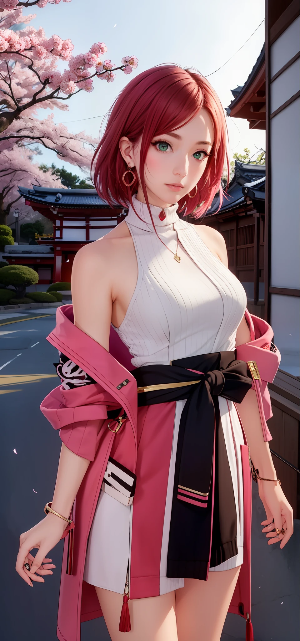 (Masterpiece, Excellent, 1girl, solo, complex details, color difference), realism, ((medium breath)), off-the-shoulders, big breasts, sexy, Yae Miko, long pink hair, red headdress, red highlight, hair above one eye, green eyes, earrings, sharp eyes, perfectly symmetrical figure, choker, neon shirt, open jacket, turtleneck sweater, against the wall, brick wall, graffiti, dim lighting, alley, looking at the audience, ((mean, seductive, charming)), ((cherry blossom background ))),((Japanese temple background)))), (((Glow-in-the-dark background)))