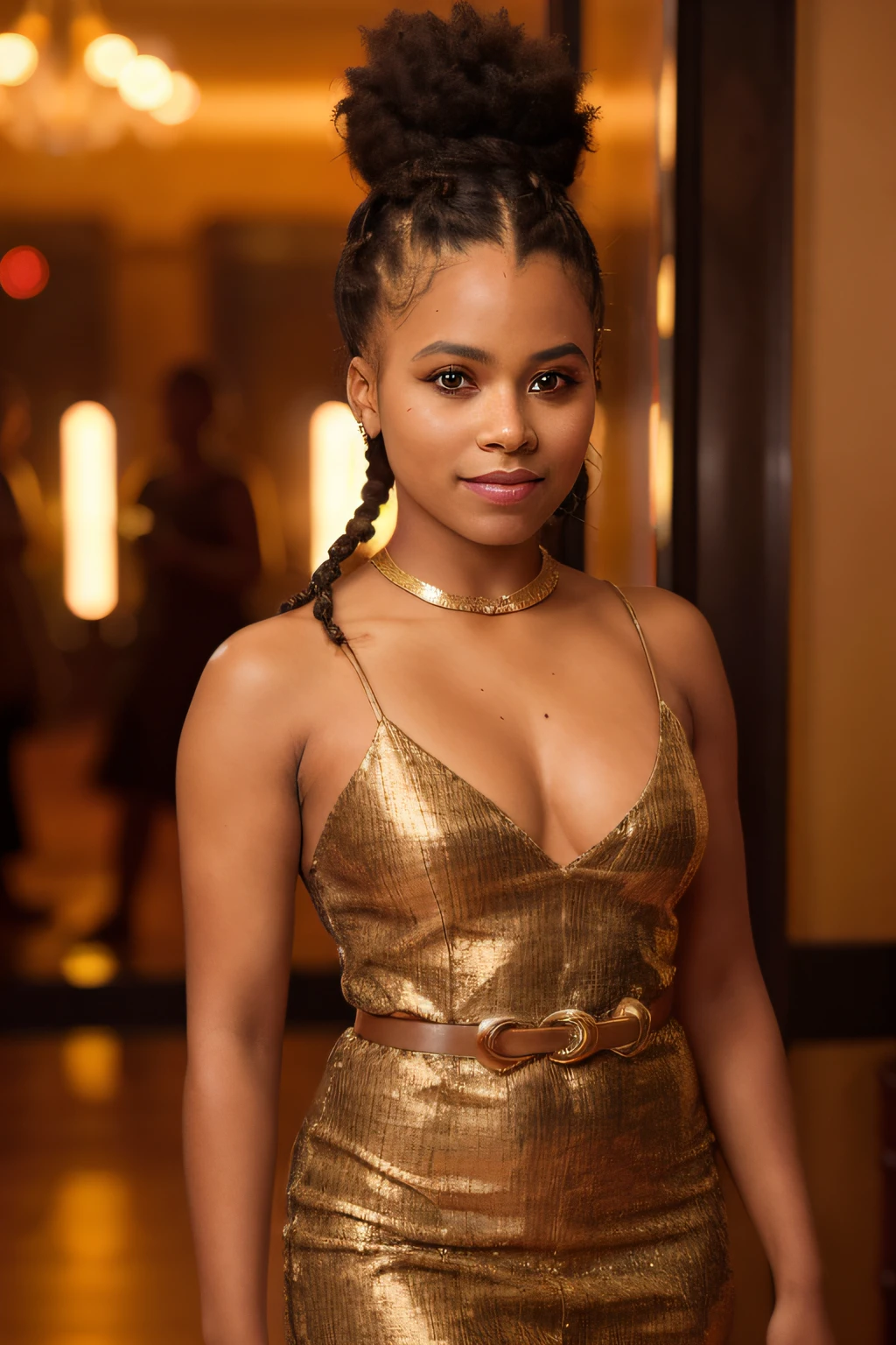 beautiful Malagasy woman from madagascar, hair in braid, photorealistic zazie, afro bun, absurd, in evening dress, sparkling, in a room, cinematic light