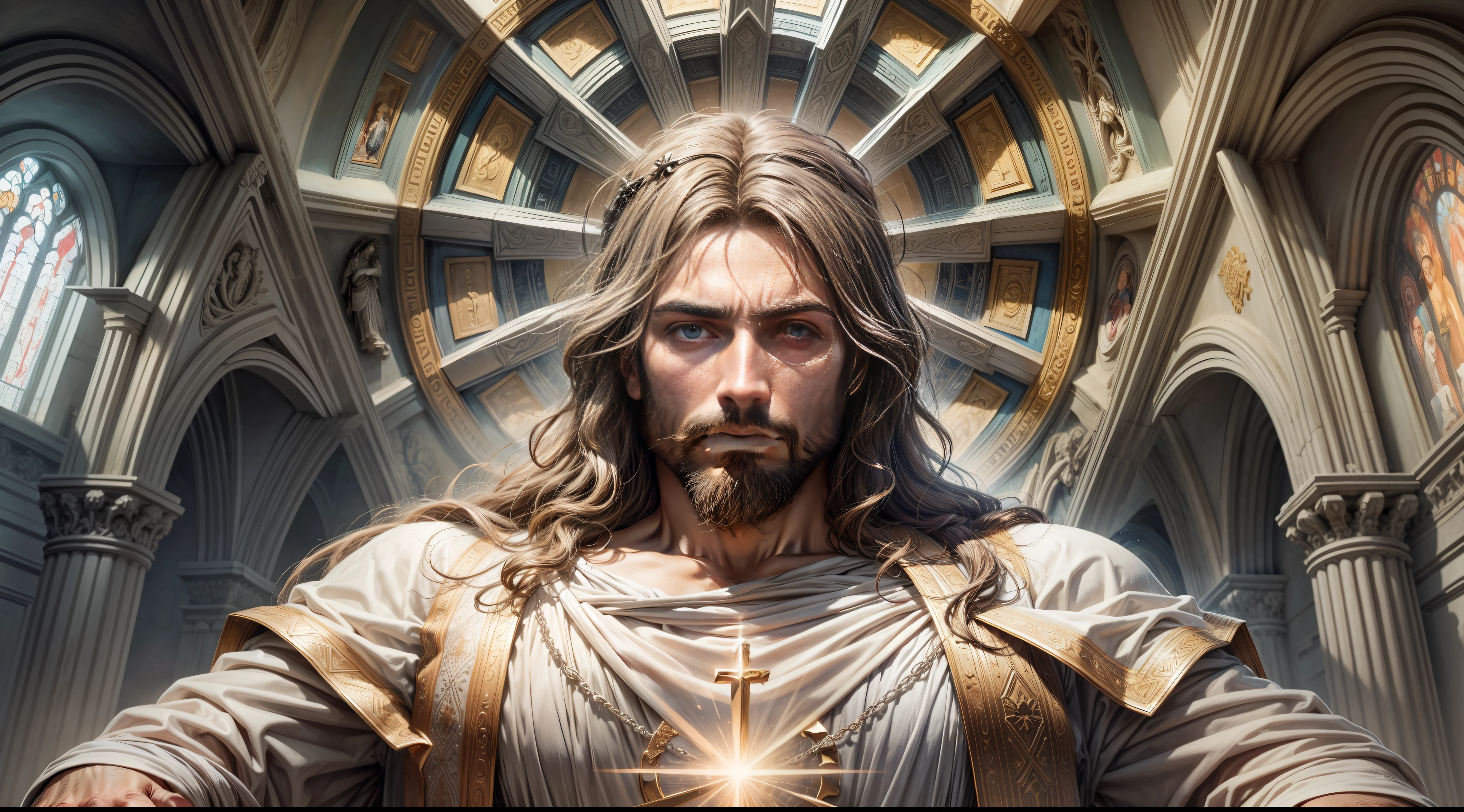 an image of Jesus, imposing