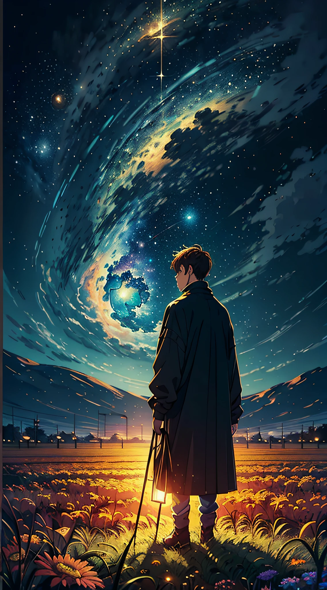 starry night scene with a man standing in a field, 4k highly detailed digital art, 4k detailed digital art, 4 k highly detailed art, beautiful art uhd 4 k, 4 k hd wallpaper very detailed, 8k high quality detailed art, amazing wallpaper, detailed painting 4 k, highly detailed 4 k art, epic surrealism 8k oil painting --auto --s2