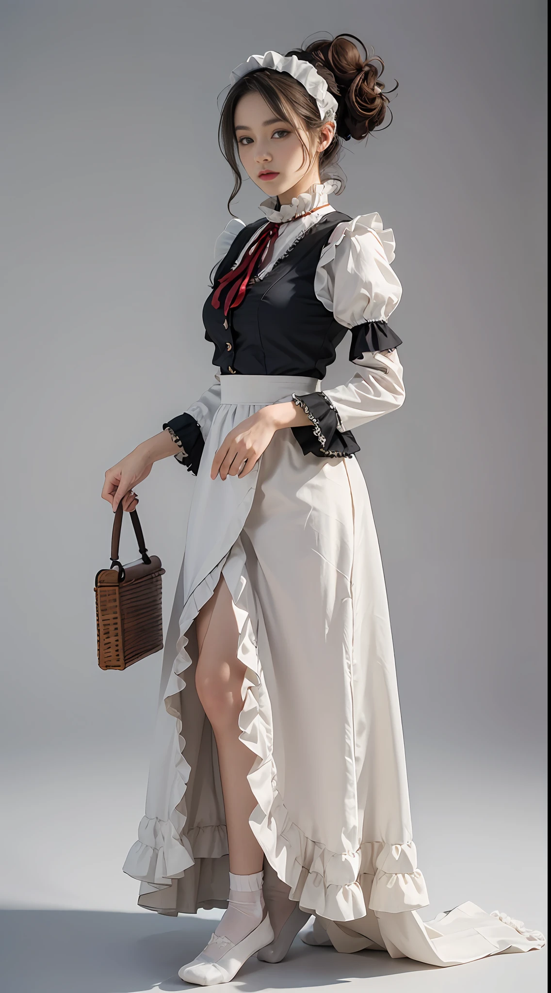 Top quality, masterpiece, ultra high resolution, (photorealistic: 1.4), raw photo, 1 girl, British maid, ruffled maid headband, ponytail, braided hair, ruffled blouse, ribbon tie, apron, long skirt, puffed sleeves, white silk socks, glowing skin, Victorian style, full body standing figure, nothing gray background