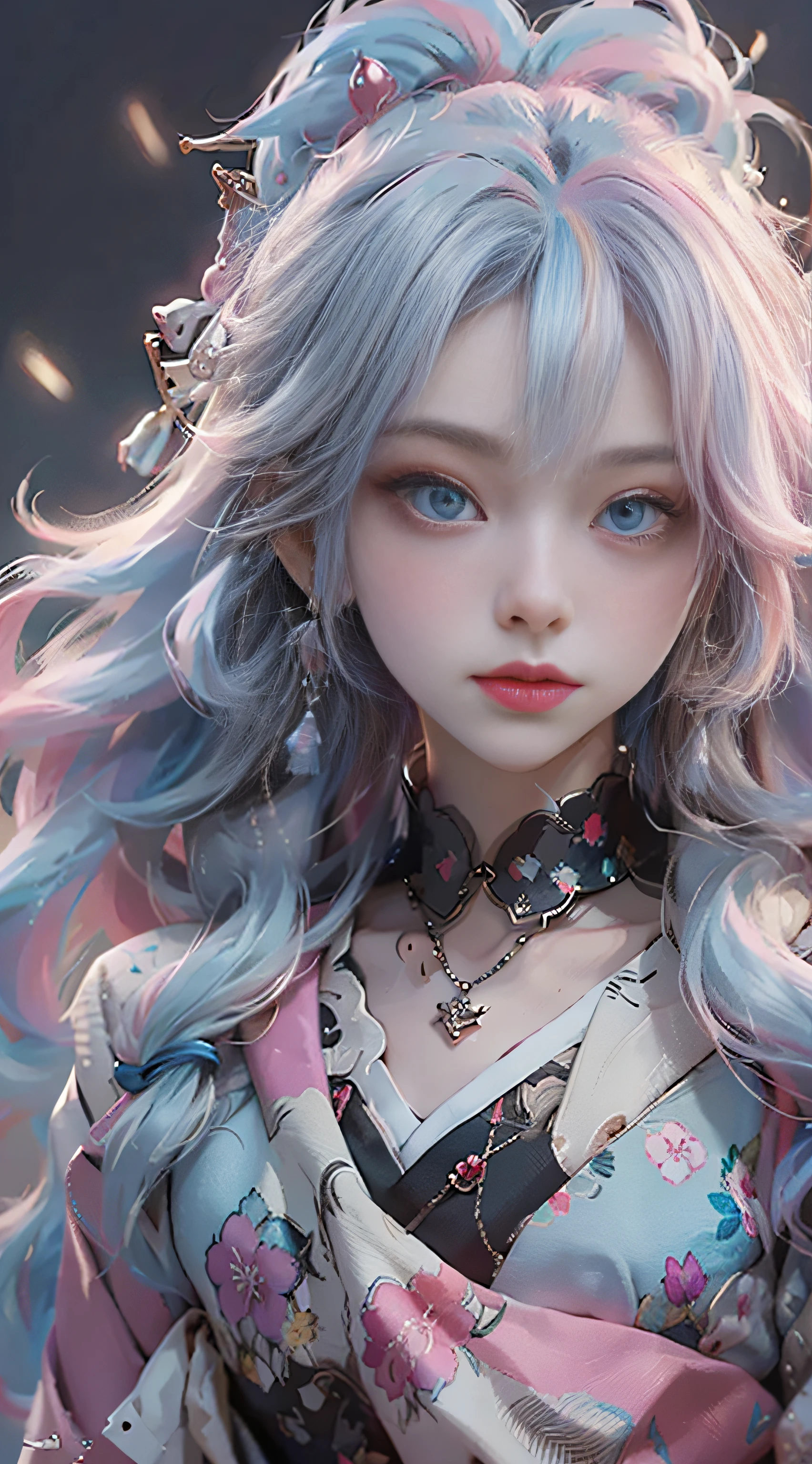 Anime girl with white hair and blue eyes holding a red umbrella, white-haired god, Kusat Krenz key art feminization, Onmyoji detailed art, Onmyoji portrait, Best anime 4K Konachan wallpaper, detailed digital anime art, anime goddess, high detail official artwork, detailed anime art, Onmyoji, portrait of female anime hero, chibi style, loli face, high cold beautiful moving, ((((colorful hair))), (((half blue and half pink hair)), (perfect eye painting), bright eyes, Necklace, earrings, delicate mouth, delicate nose, delicate makeup, braid ponytail hair, red lips, (purple eyes). Perfect figure, (streamer girl), delicate tassel, expression, ribbon, shyness, lighting effects, soft, white background, super clear, HD picture, front, happy,