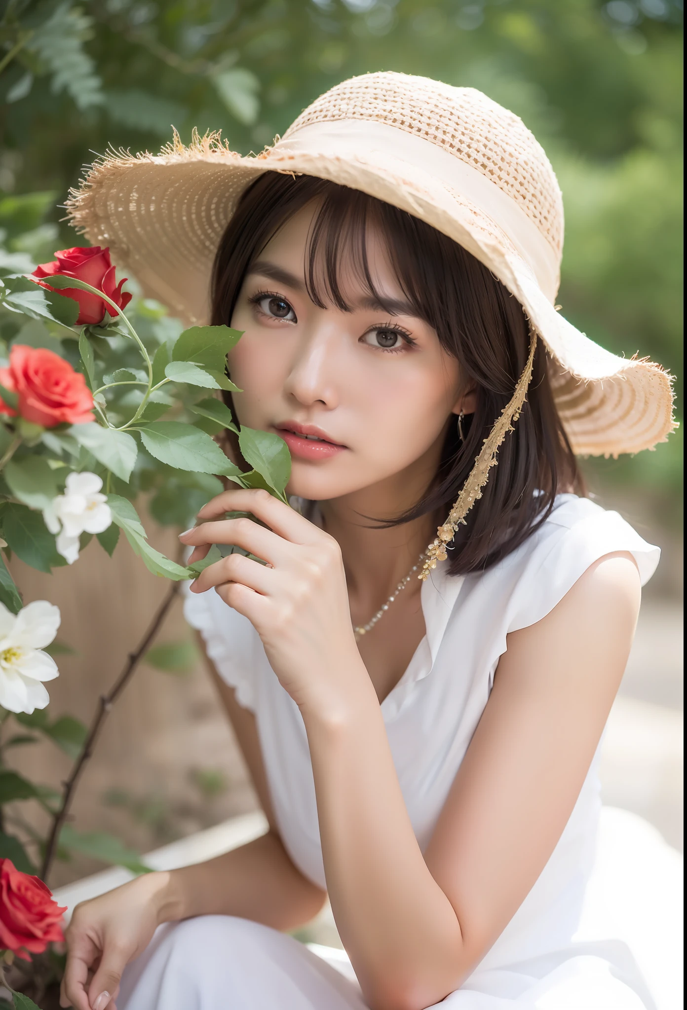 Best quality, masterpiece, super high resolution, (realistic: 1.4), original photo, edited photography, fantasy art
(A woman in her 30s), a woman standing on the path of Graden, (half: 1.3), black hair, short hair, sympathetic face, brown eyes. A faint smile, looking at the audience, (red suit: 1.2), (white shirt), black silk dress, (colorful and dense flower clusters: 1.3). (bright flower color: 1.3, red rose: 1.2, floating skaura_petals) smoke, real-world location, deep contrast, depth of field, dark background, break award-winning photograph, neoism, exposure blend, bokeh, (hdr:1.4), high contrast, (cinematic light), (muted colors),sony A7,F2.4, low saturation, (hyperdetailed:1.2), (noir:0.4)