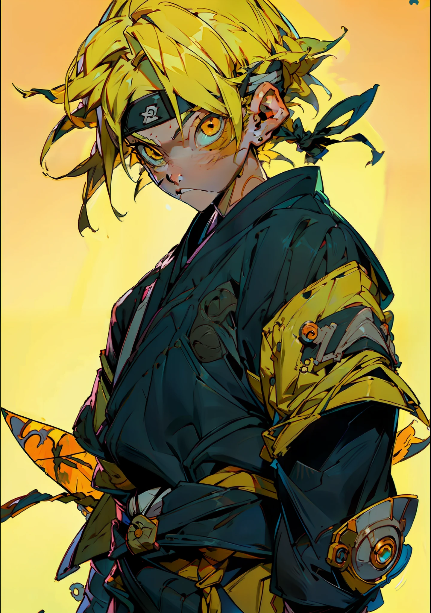 Naruto uzumaki, young boy(1boy) with yellow hair and orange and black clothes, ninja bandana on his forehead, Naruto, super detailed and defined illustration, concept art, artstation, 8k.