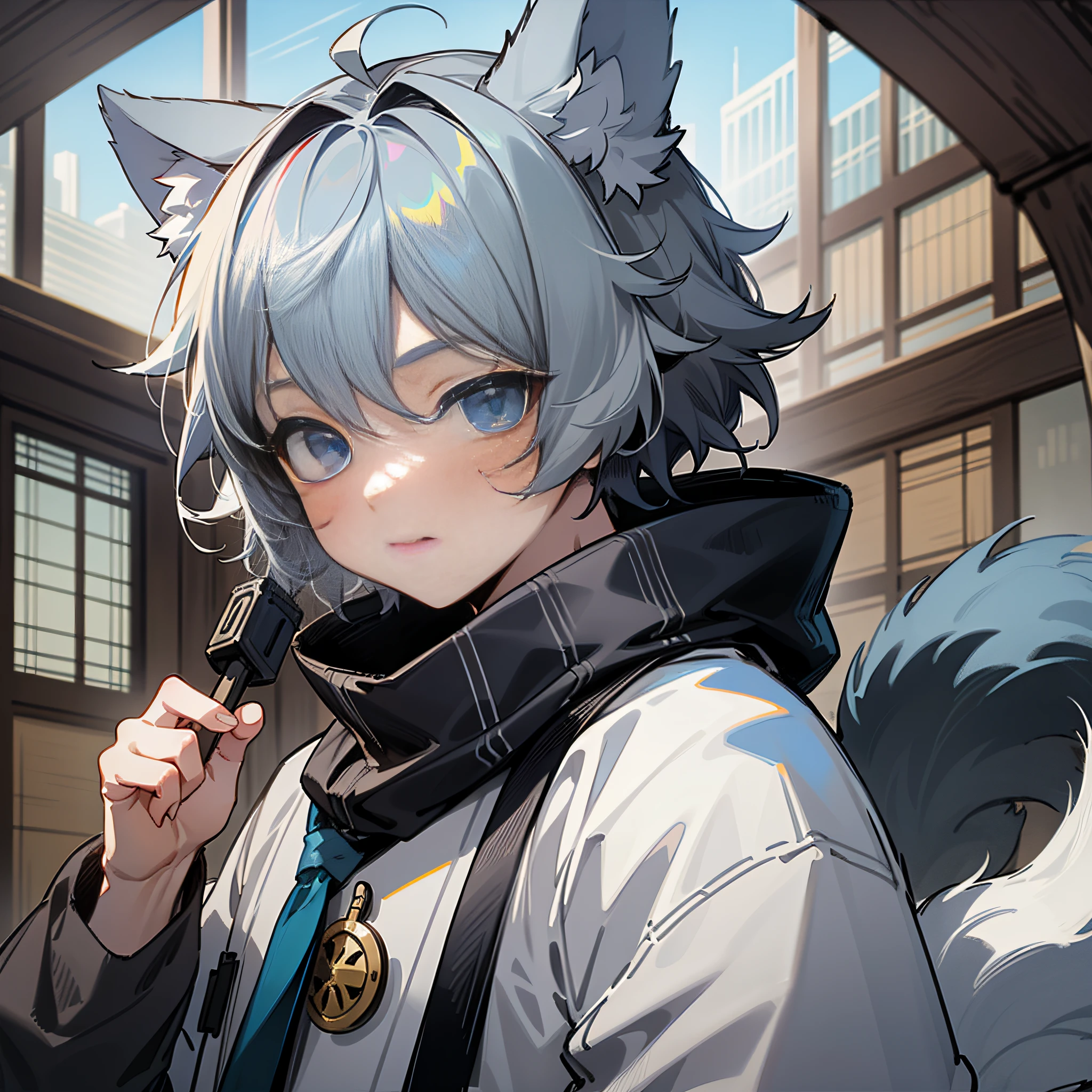 (1boy), (Shota), (HD quality, masterpiece level), cute teen characters, dark gray hair, blue eyes, (wolf ears), (wolf tail), one tail, (no ears), (little boy), (ears covered), (hair covered ears), face camera, tachi-e,
