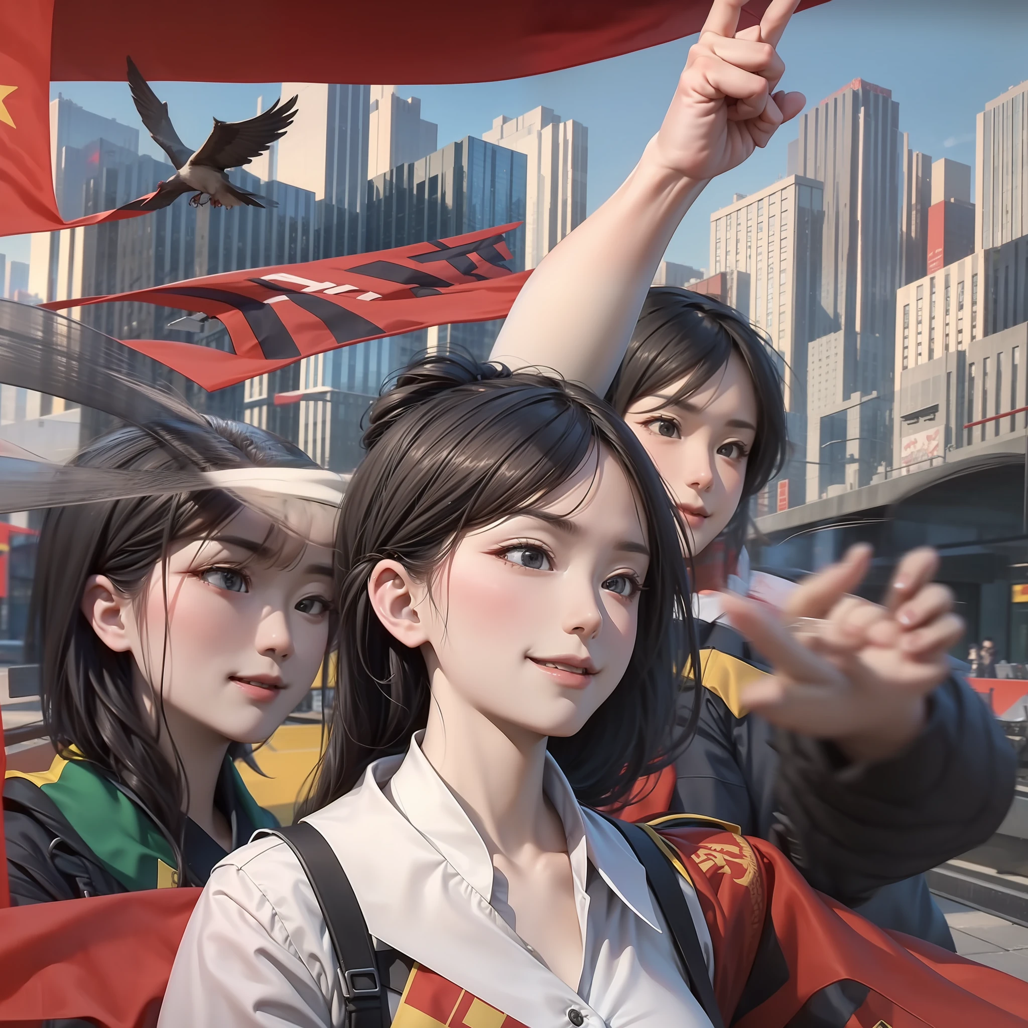 (Masterpiece), (Best Quality), (Exquisite Details), Propaganda Poster, Chinese Style, Wide Angle Lens, A Group of People, Chinese Soldiers, Chinese Military Uniforms, Small Breasts, Smiles, Civilians, Workwear, Firm Expression, Half-naked Arms, Passing Flyer, Gears, Peace Birds Flying, Chinese Red Flag, (Red) Flag with Gears and Wheat Print, Cityscape, Architecture, High-Speed Rail Trains, Communist Manifesto, Chinese,