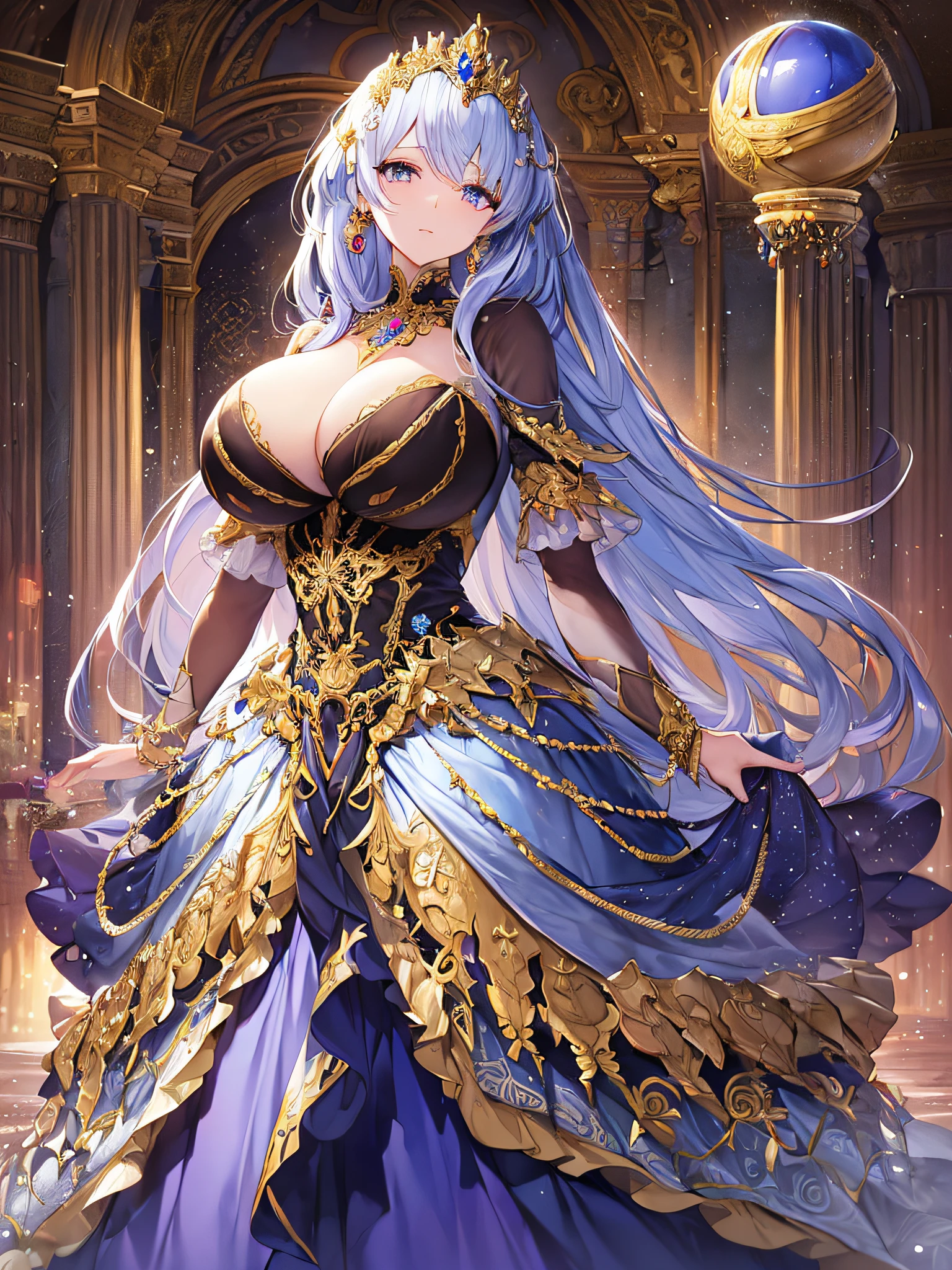 ((anime artstyle)),(Masterpiece),(Best Quality), (Super Detail),Illustration,((Very Delicate and Beautiful)),Focus on character,Dynamic Angle,Looking at viewer,((Solo)),standing,(((full body))),((one noble princess in gorgeous ball gown with voluminous skirt)),detailed face and eyes,jewel-like eyes,((Very Long voluminous Hair)),gorgeous embroidery and lace,See-through,ornate ruffles,Gorgeous jewelry ornaments,luxury hair ornament,luxury tiara with jewels,(gigantic breasts,Long breasts),full body,((gorgeous ball gown with voluminous skirt))