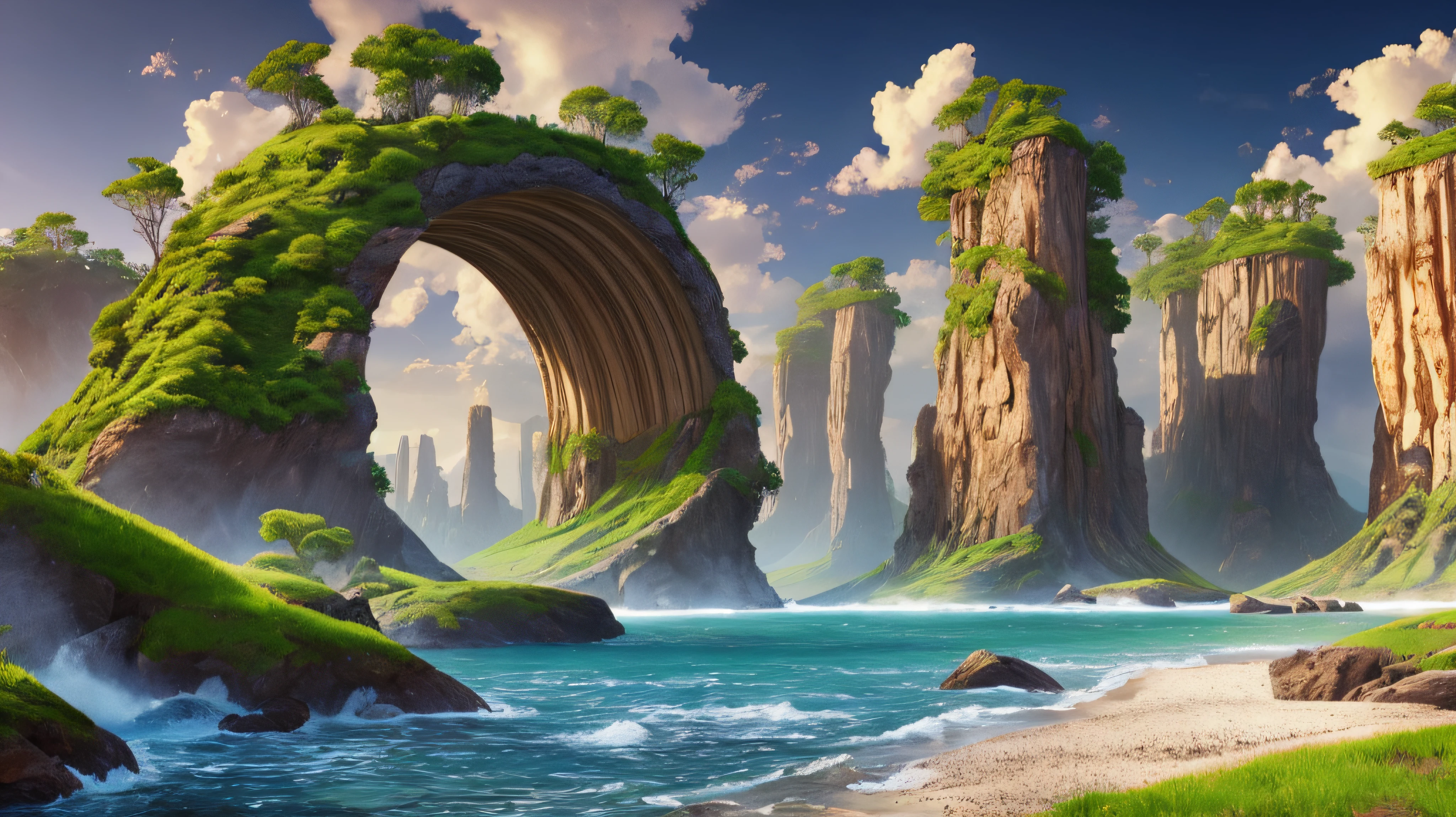 A group of adventurers found the entrance of the cave leading tio anotherworldd, splash art, liquid, 5d, , floating islands, black holes swallowing crystalline structures and alien flora provide a stunning backdrop for the setting sun's luminous display. --auto
