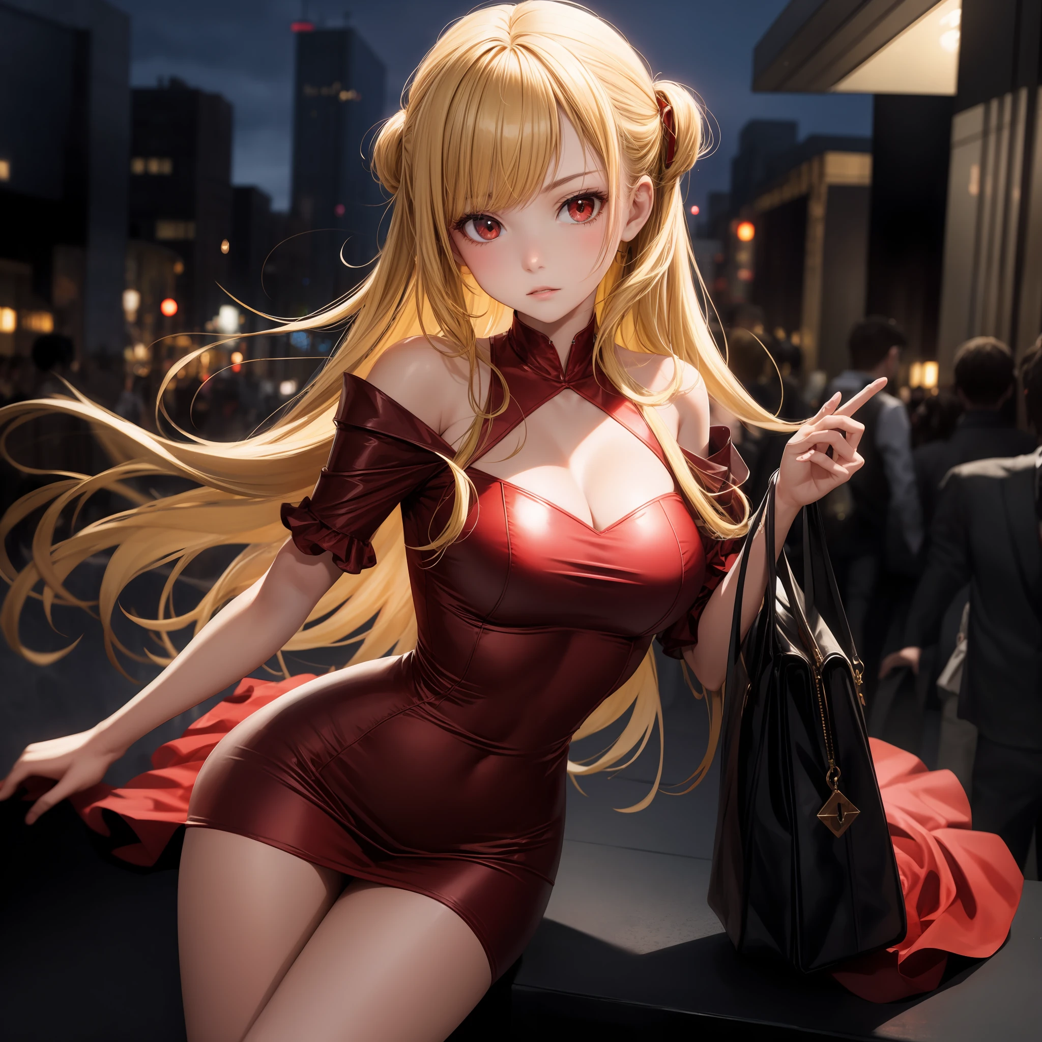 blonde, red eyes, girl, alone, solo, 1girl, red dress, party venue