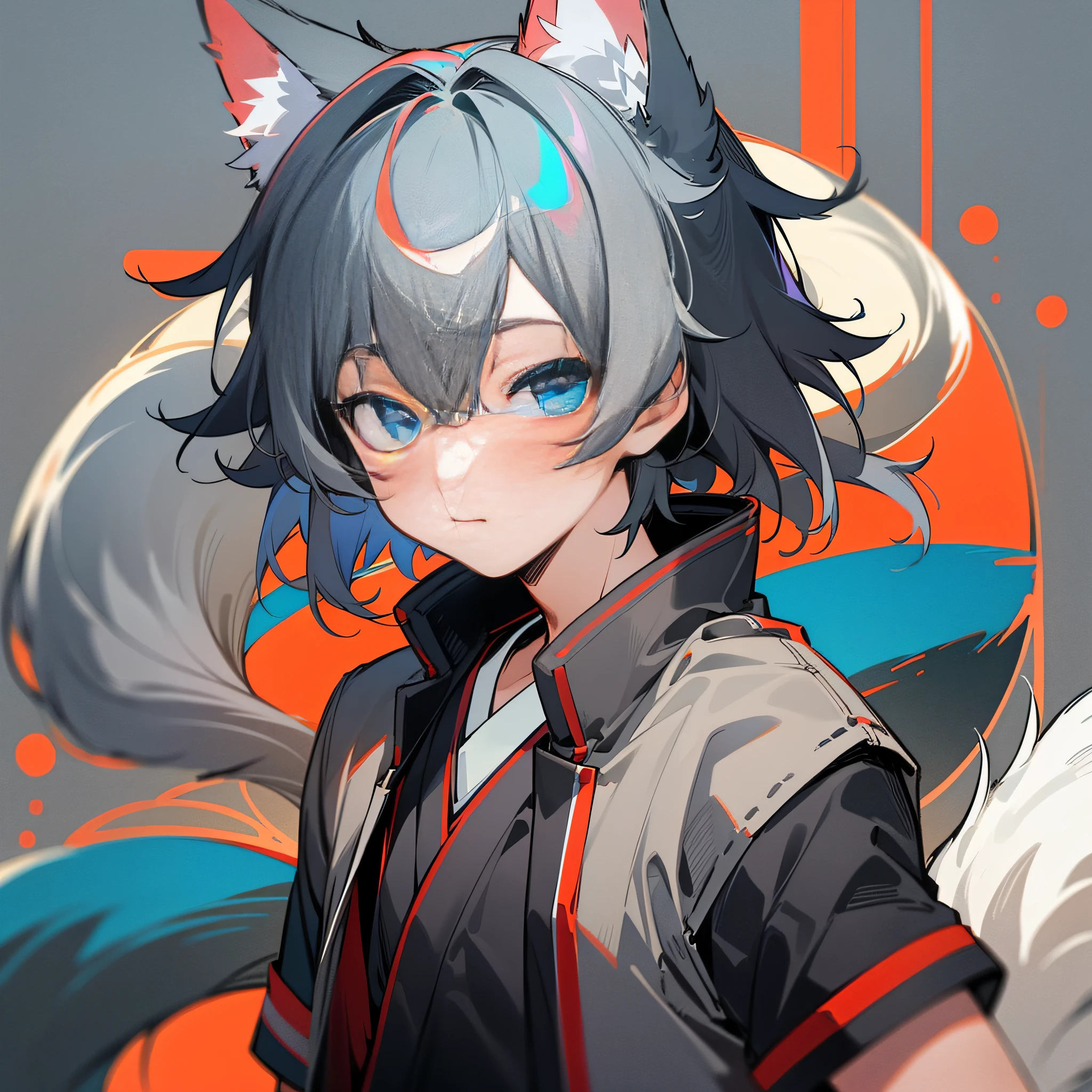 (1boy), (Shota), (HD quality, masterpiece level), cute  characters, dark gray hair, blue eyes, (wolf ears), (wolf tail), one tail, (no ears), (litt), (ears covered), (hair covered ears), face camera, tachi-e,