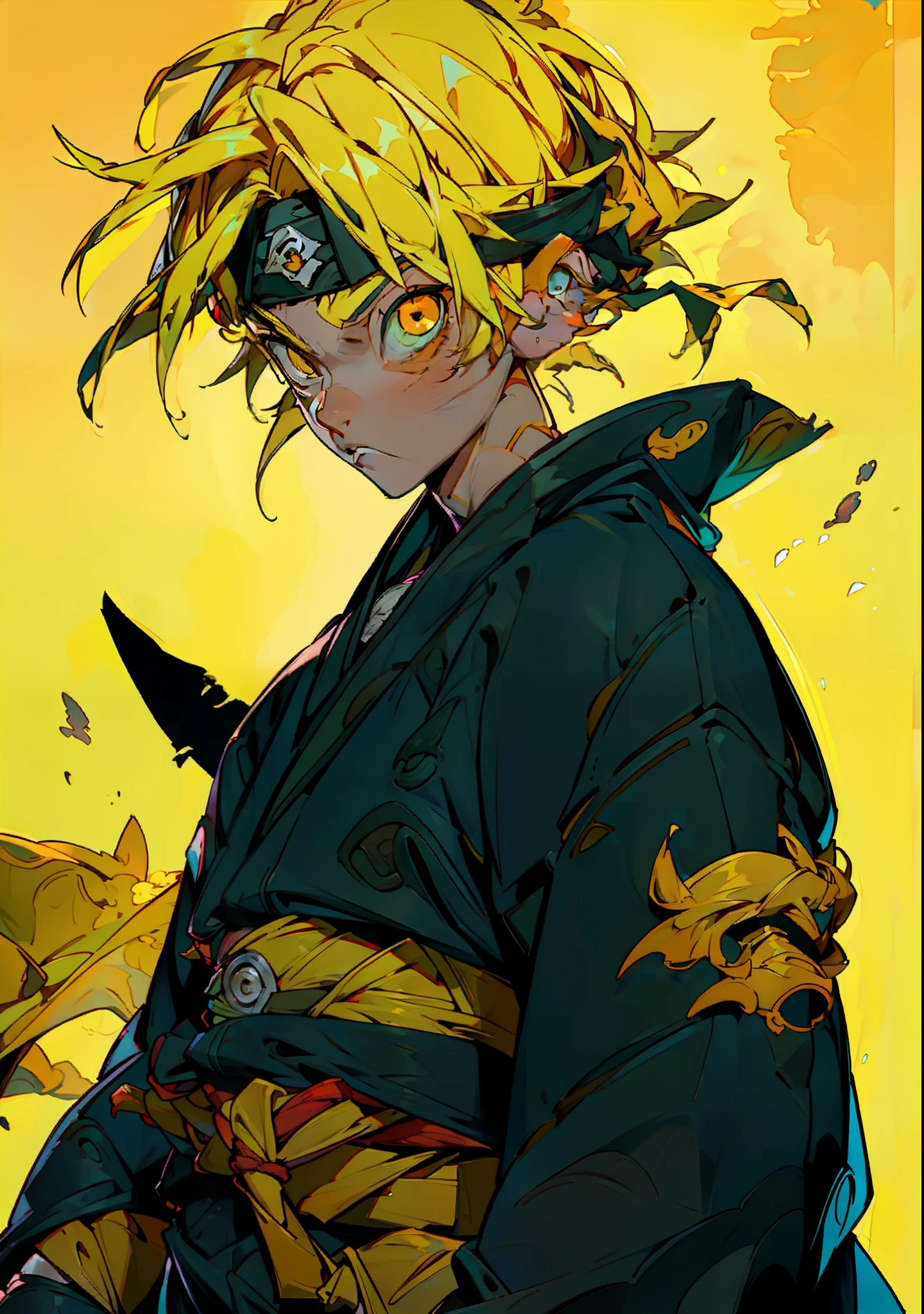 Naruto uzumaki, young boy(1boy) with yellow hair and orange and black clothes, ninja bandana on his forehead, Naruto, super detailed and defined illustration, concept art, artstation, 8k.