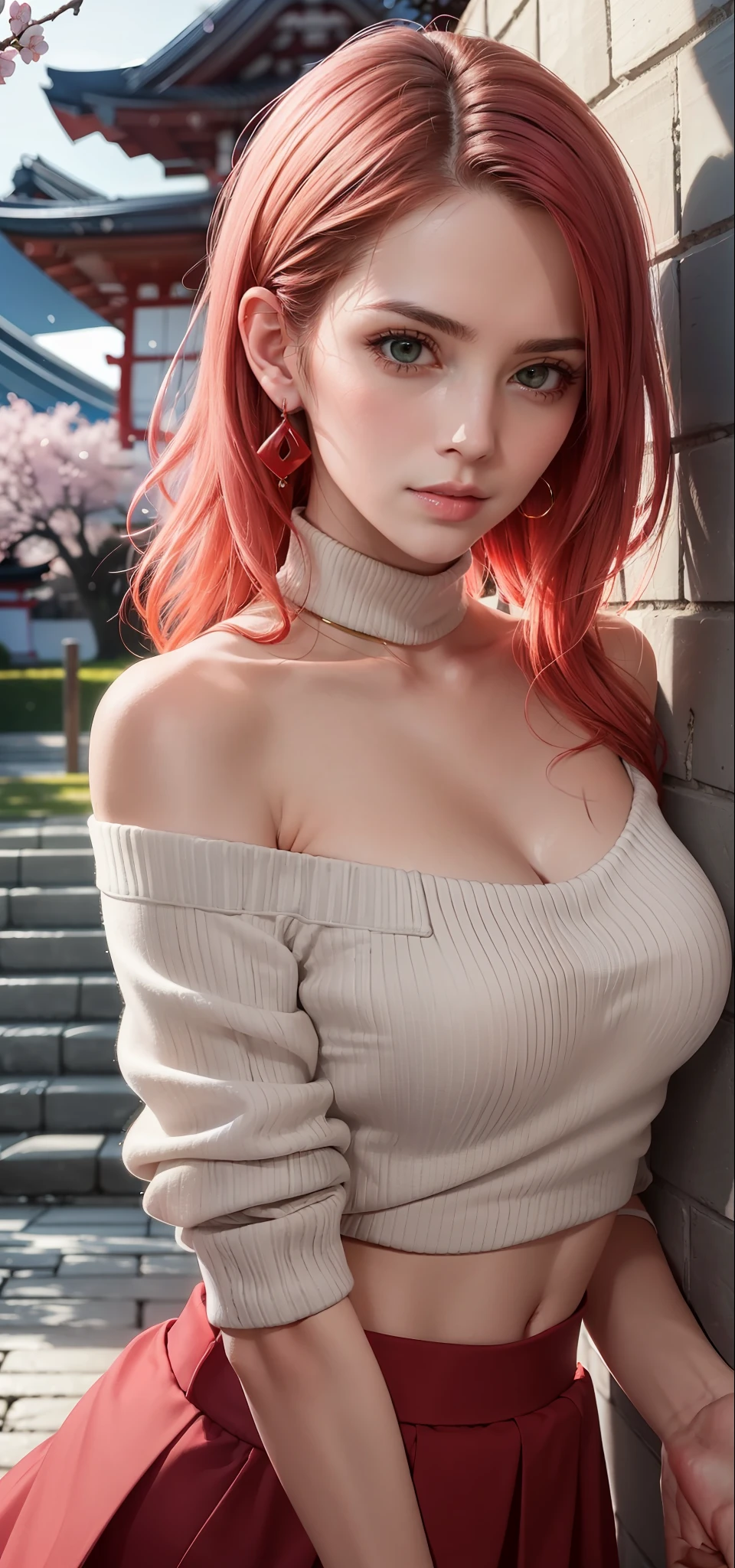 (Masterpiece, Excellent, 1girl, solo, complex details, color difference), realism, ((medium breath)), off-the-shoulders, big breasts, sexy, Yae Miko, long pink hair, red headdress, red highlight, hair above one eye, green eyes, earrings, sharp eyes, perfectly symmetrical figure, choker, neon shirt, open jacket, turtleneck sweater, against the wall, brick wall, graffiti, dim lighting, alley, looking at the audience, ((mean, seductive, charming)), ((cherry blossom background ))),((Japanese temple background)))), (((Glow-in-the-dark background)))