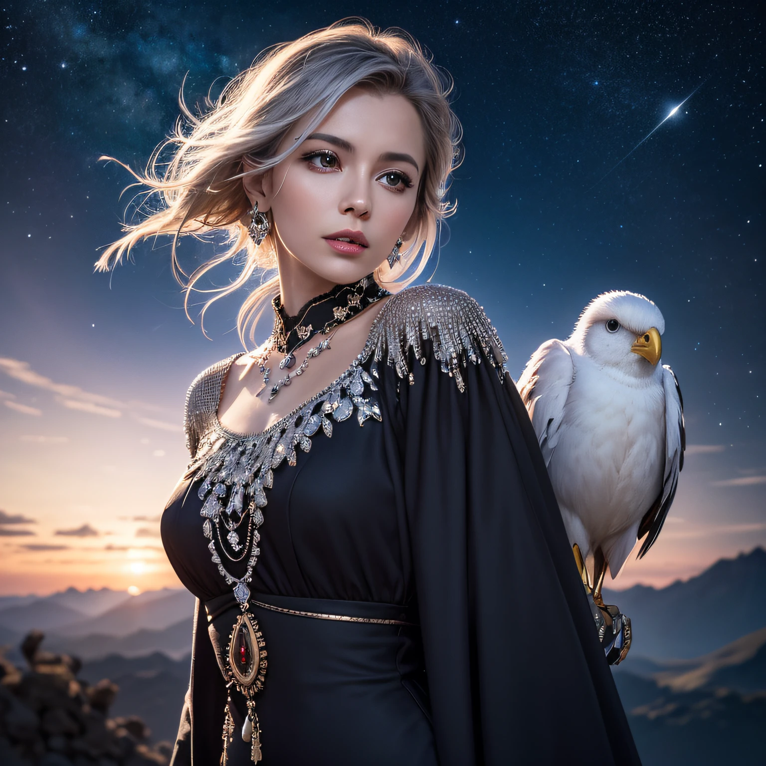 silver gorgeous birds, surrealistic, jewels, jewels (1, 1) realistic, high quality, 8K, jewels, background, fantastic, luxurious, night sky