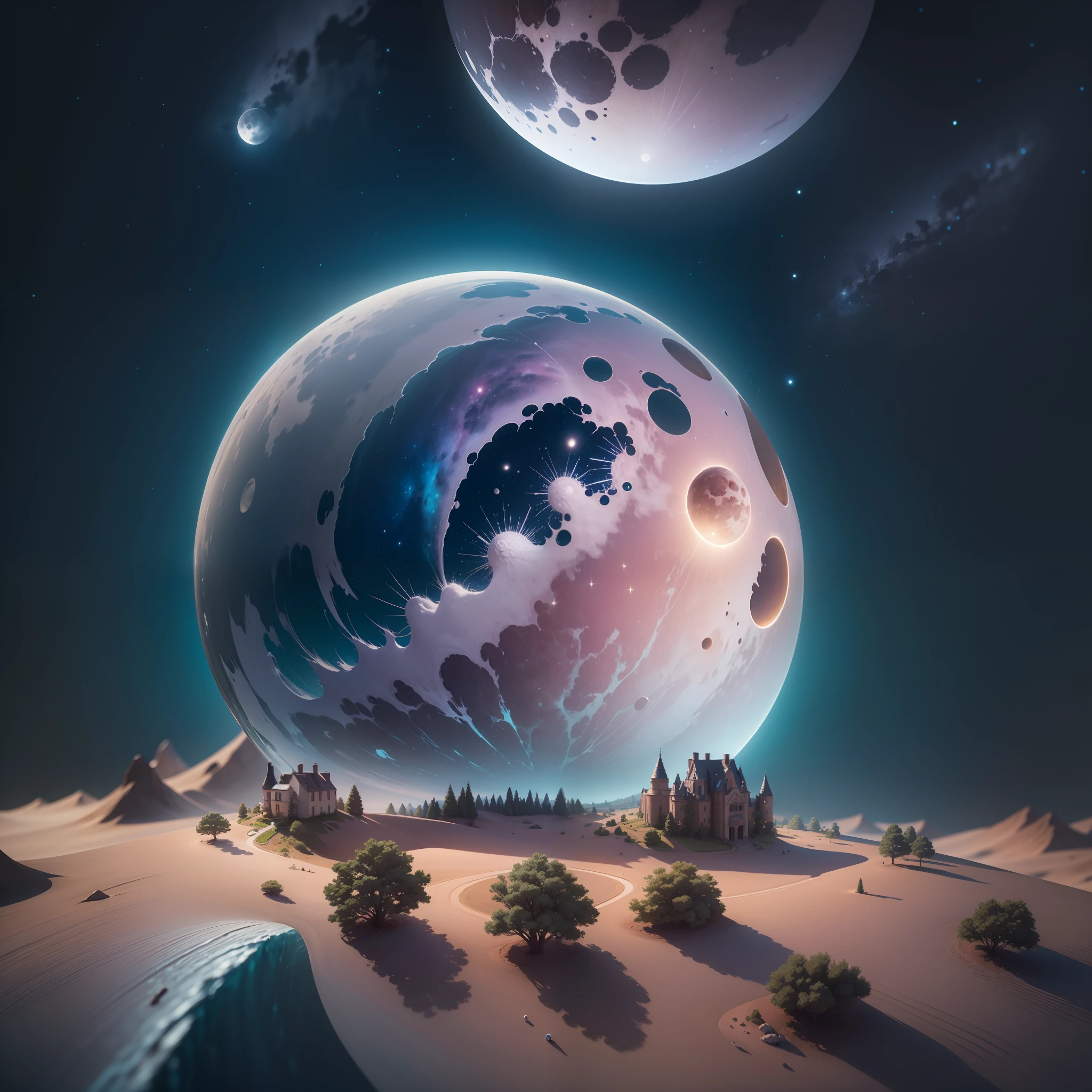 A lovely landscape enclosed in a giant bottle in very High quality and very detailed , vibrant details, hyperdetailed, 8k, beautiful lighting, hyperdetailed, vibrant colors, 8k resolution, intricate hyperdetails, Symmetrical, octane render, giant bright Moon in the background, vault of heaven, starry night