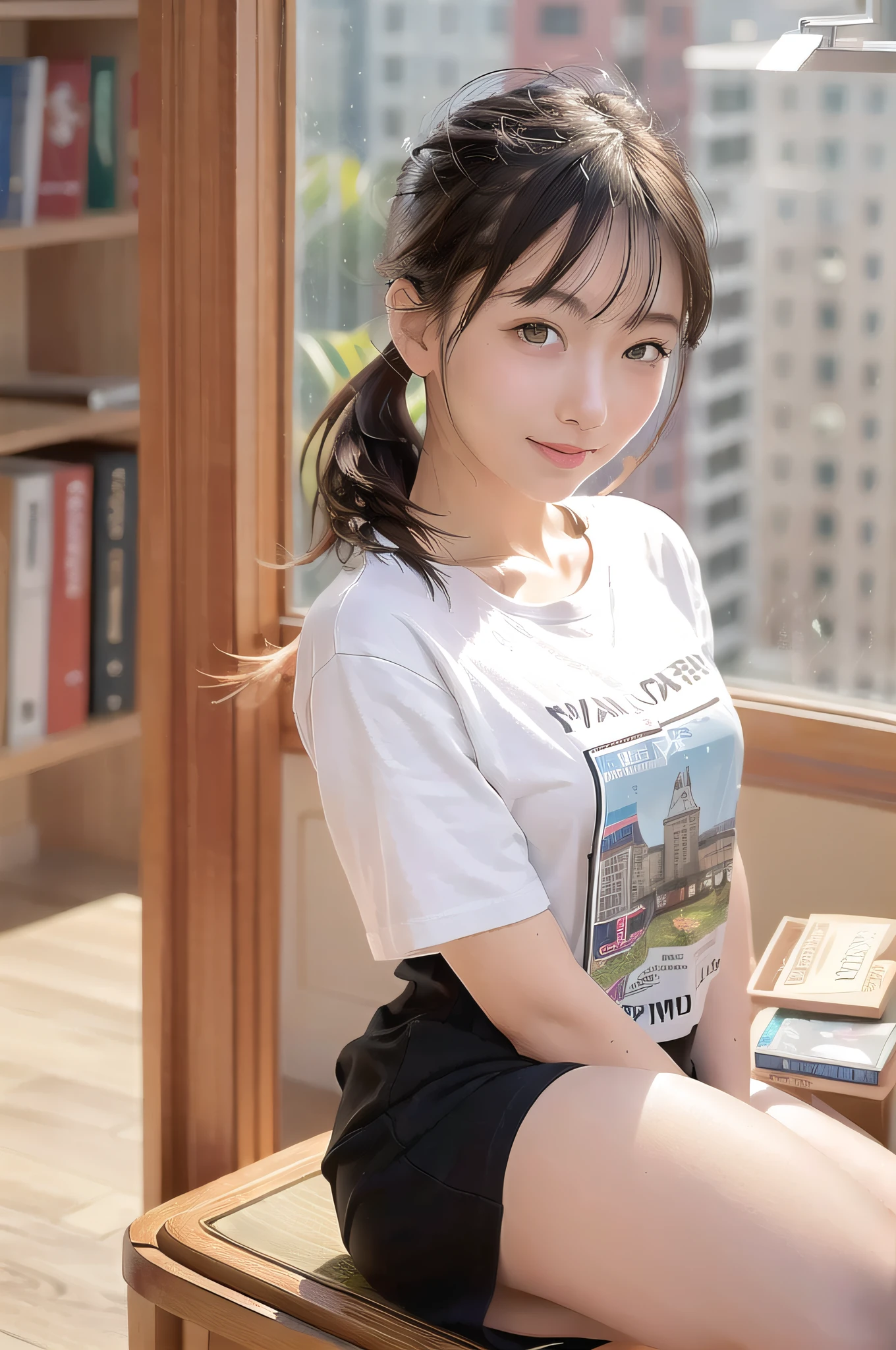 (4K, Best Quality), (Realistic, Photorealistic), (vgirl),
1 girl, solo,upper body, black hair, tilted head,
(looking_at_viewer), smile, sit, put your arms behind your back,
white printed T-shirt,
indoors, books, windows,