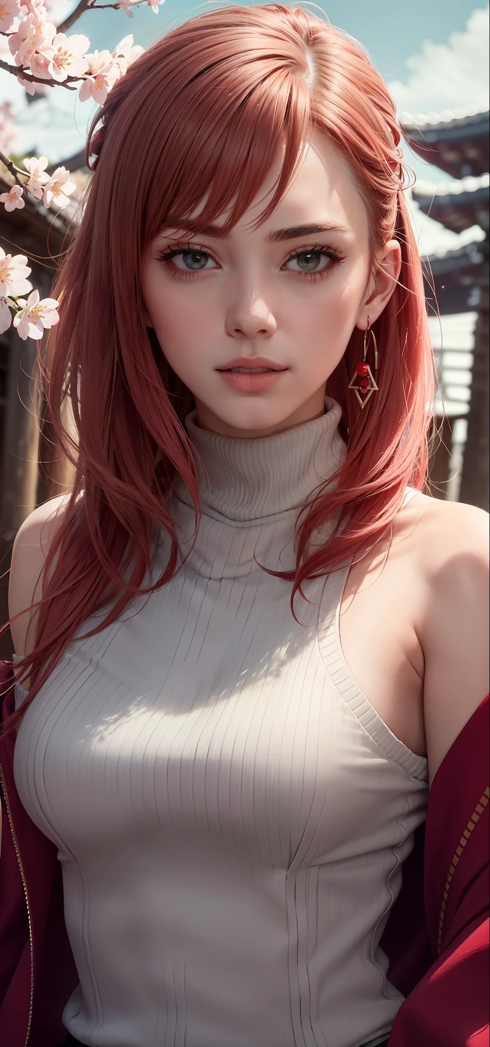 (Masterpiece, Excellent, 1girl, solo, complex details, color difference), realism, ((medium breath)), off-the-shoulders, big breasts, sexy, Yae Miko, long pink hair, red headdress, red highlight, hair above one eye, green eyes, earrings, sharp eyes, perfectly symmetrical figure, choker, neon shirt, open jacket, turtleneck sweater, against the wall, brick wall, graffiti, dim lighting, alley, looking at the audience, ((mean, seductive, charming)), ((cherry blossom background ))),((Japanese temple background)))), (((Glow-in-the-dark background)))