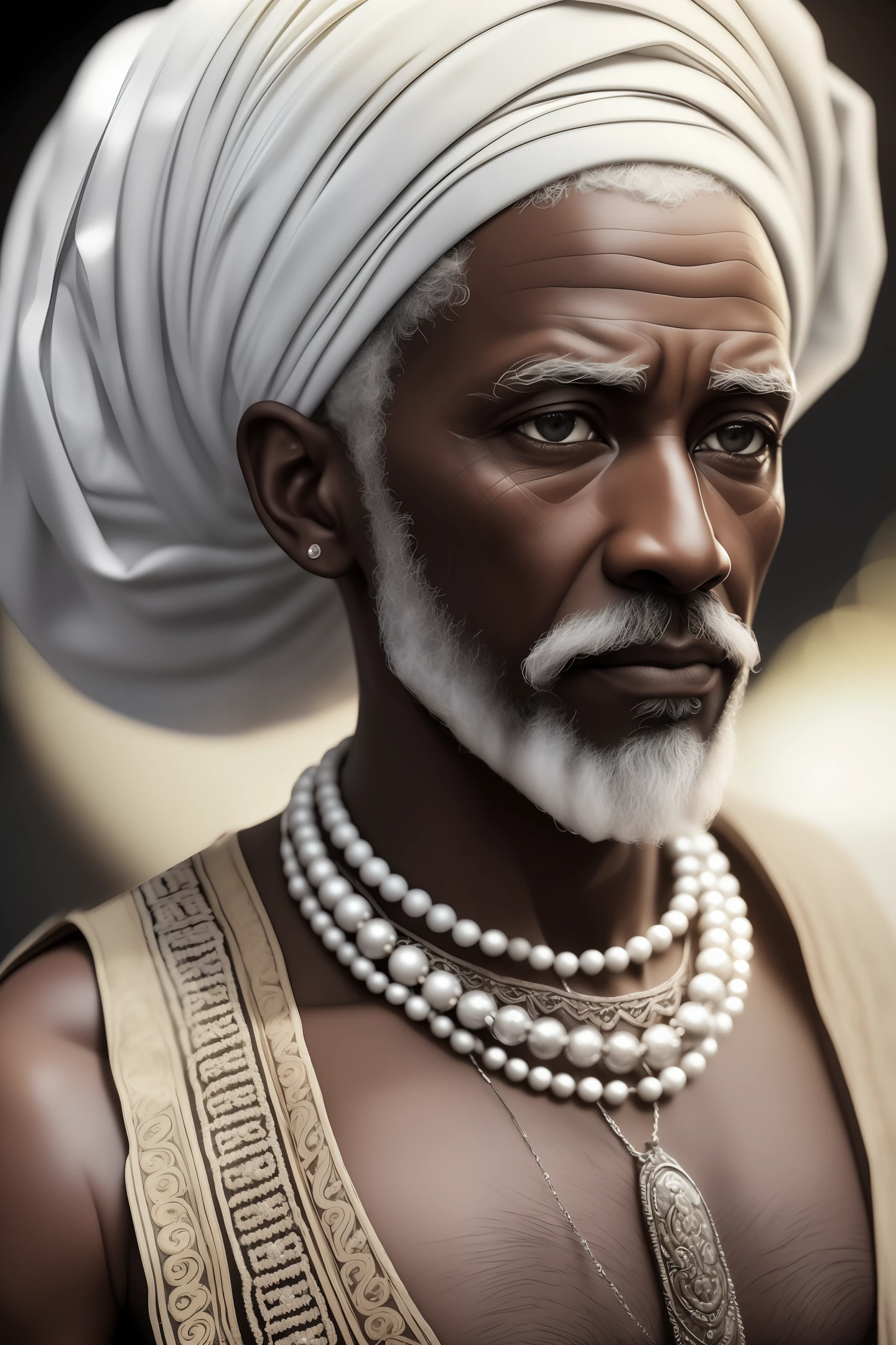 Hopefully. Black man, African, afro white hair, (((old))) , handsome, upper body, natural skin texture, 24mm, 4k textures, White turban, (white clothing without details), (white beaded necklace), soft cinematic light, RAW photo, photorealism, photorealistic, intricate, elegant, highly detailed, sharp focus, ((((((cinematic look)))), soft tones, insane details, intricate details, hyperdetailed, low contrast, soft cinematic light,  dark colors, exposure mix, HDR, faded --auto --s2