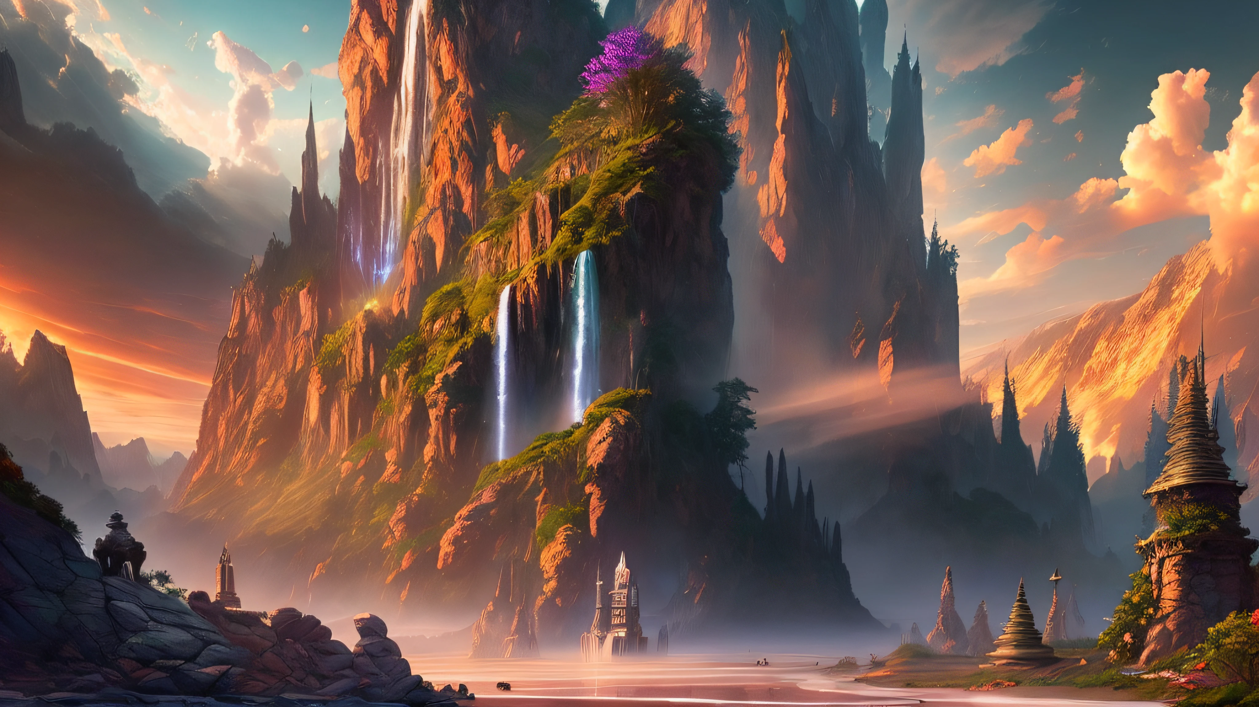 A group of adventurers found the entrance of the cave leading tio anotherworldd, splash art, liquid, 5d, , floating islands, black holes swallowing crystalline structures and alien flora provide a stunning backdrop for the setting sun's luminous display. --auto