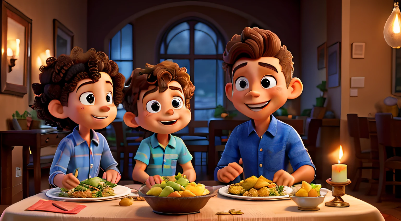 Boy, 6 years old, curly brown hair, wearing a vibrant blue shirt, sitting between his parents. The dining table is set with crisp white tablecloth and adorned with a bouquet of fresh flowers in the center. The family is surrounded by the warm glow of candlelight, creating a cozy and intimate atmosphere. Delicious aromas fill the air as a mouthwatering feast is spread across the table, including a roasted chicken with golden crispy skin, creamy mashed potatoes, steamed vegetables, and a colorful salad. The boy's parents lovingly engage him in conversation, sharing stories and laughter while enjoying the delightful meal together.