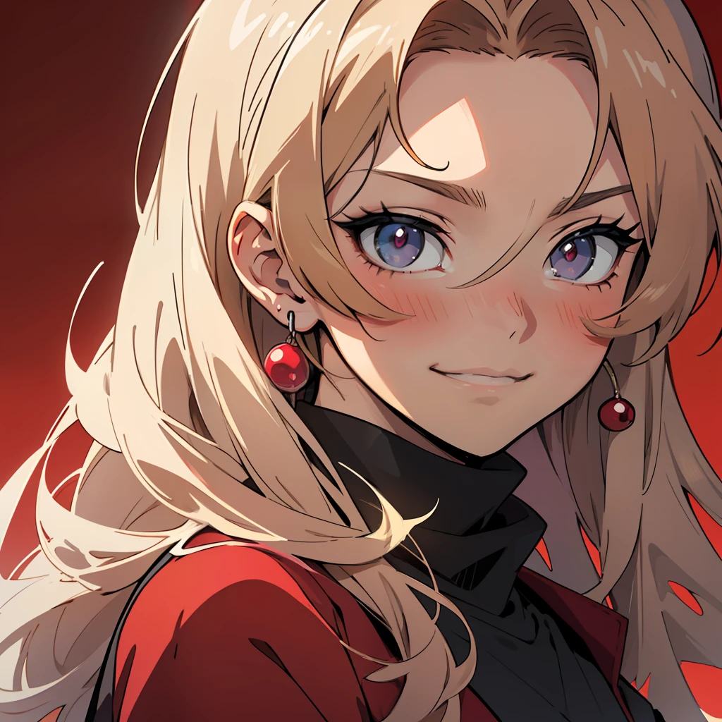 ((masterpiece)), ((best quality)), ((anime)), ((old effect)), ((90s anime)), girl, pale skin, ((eyes)), eyebrow, ( (ear)), smile, big hair, ((dark red background)), ((blush)), lustful,