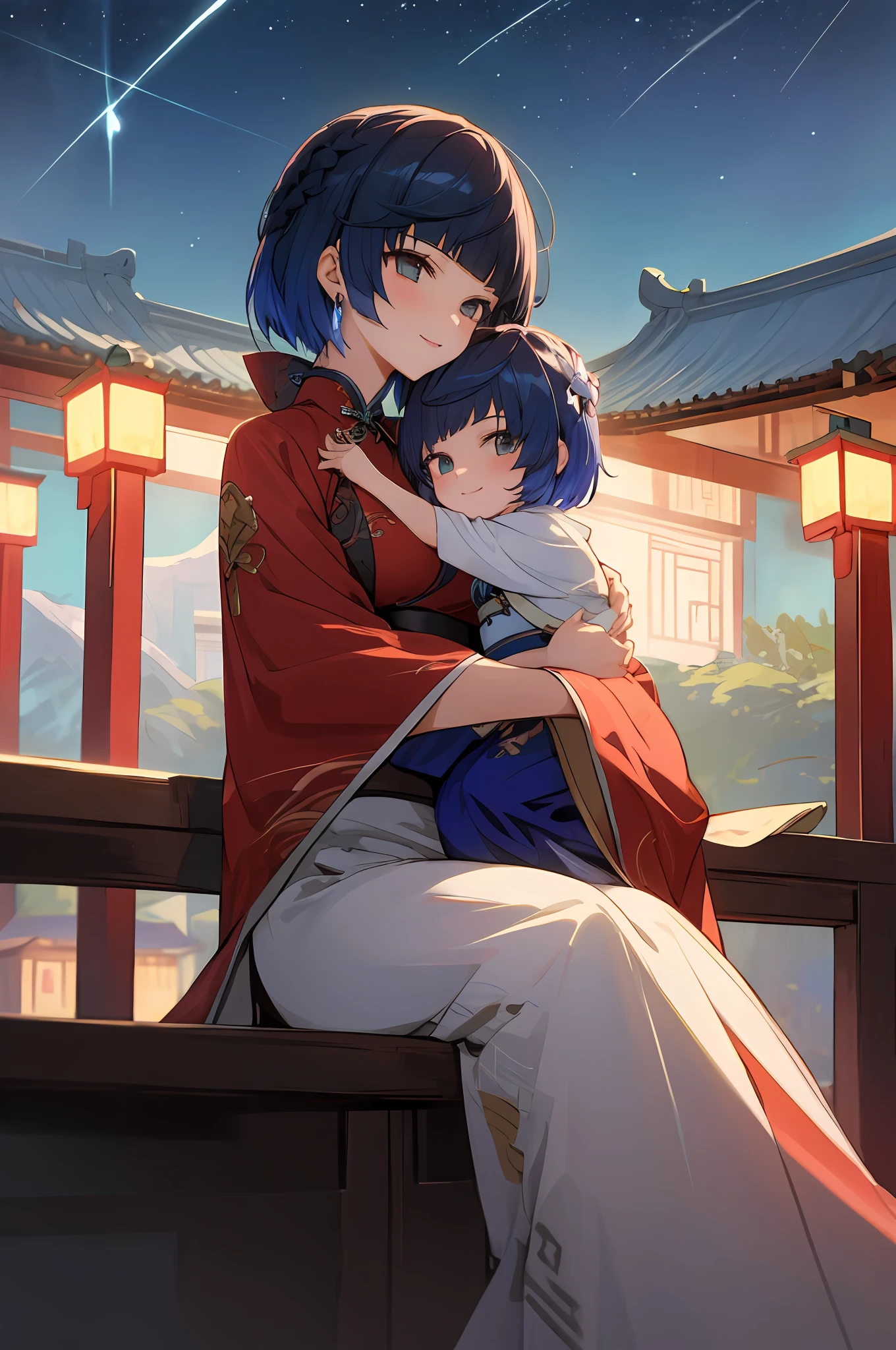 anime image of two women dressed in traditional china clothing in a night full of stars, palace a girl in hanfu, wlop and sakimichan, short hair, blue haired deity, characters from azur lane, anime fantasy illustration, from the azur lane videogame, genshin, artwork in the style of guweiz, cultivator detailed art, two beautiful anime girls, mother and child, symbol of maternal love, mother and child, such as photos of mother and child, mischievous smile, starry night background , sitting in traditional chinese house, Lanterns
