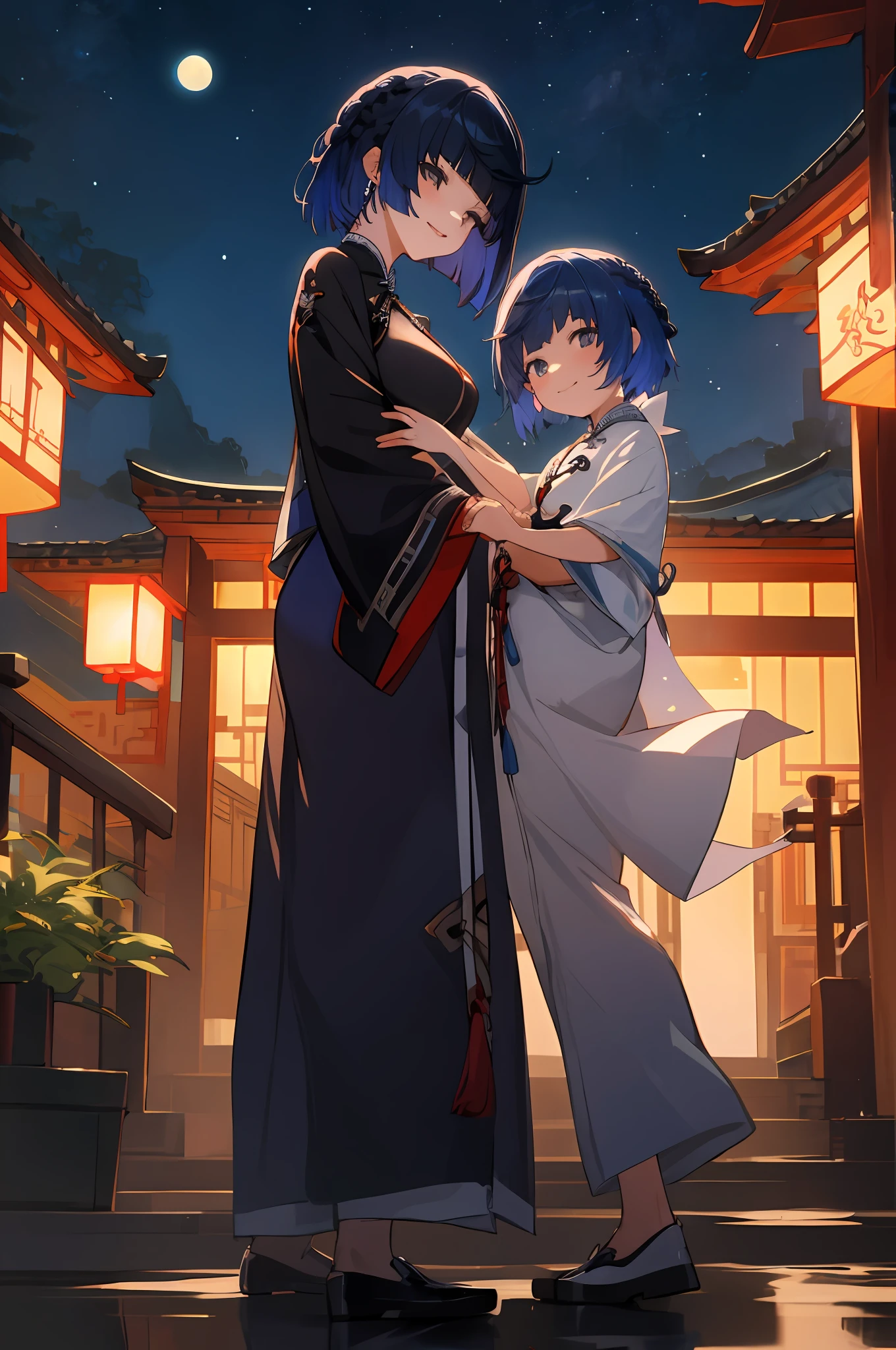 anime image of two women dressed in traditional china clothing in a night full of stars, palace a girl in hanfu, wlop and sakimichan, short hair, blue haired deity, characters from azur lane, anime fantasy illustration, from the azur lane videogame, genshin, artwork in the style of guweiz, cultivator detailed art, two beautiful anime girls, mother and child, symbol of maternal love, mother and child, such as photos of mother and child, mischievous smile, starry night background , mother and son playing in traditional chinese house, Lanterns