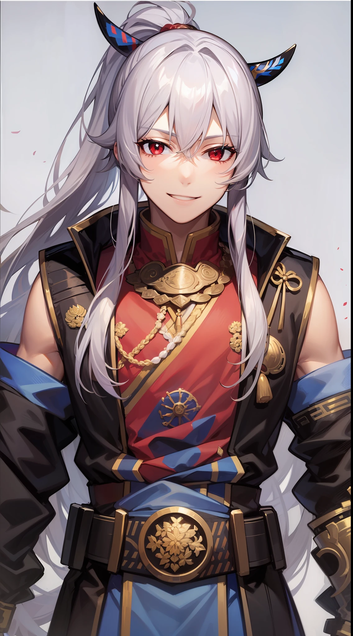 Young guy, long white hair, high ponytail, red eyes, blue sleeveless samurai kimono, smile, masterpiece, high quality