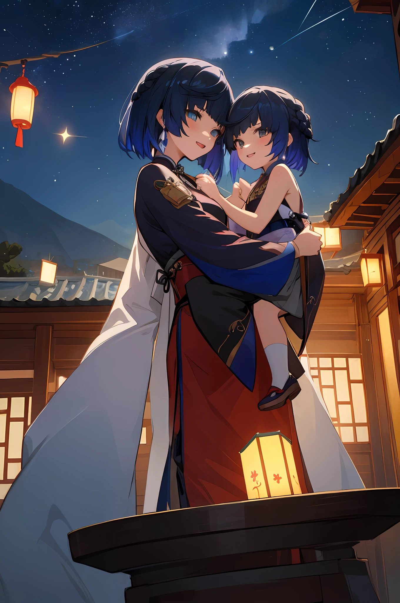 anime image of two women dressed in traditional china clothing in a night full of stars, palace a girl in hanfu, wlop and sakimichan, short hair, blue haired deity, characters from azur lane, anime fantasy illustration, from the azur lane videogame, genshin, artwork in the style of guweiz, cultivator detailed art, two beautiful anime girls, mother and child, symbol of maternal love, mother and child, such as photos of mother and child, mischievous smile, starry night background , mother and son playing in traditional chinese house, Lanterns