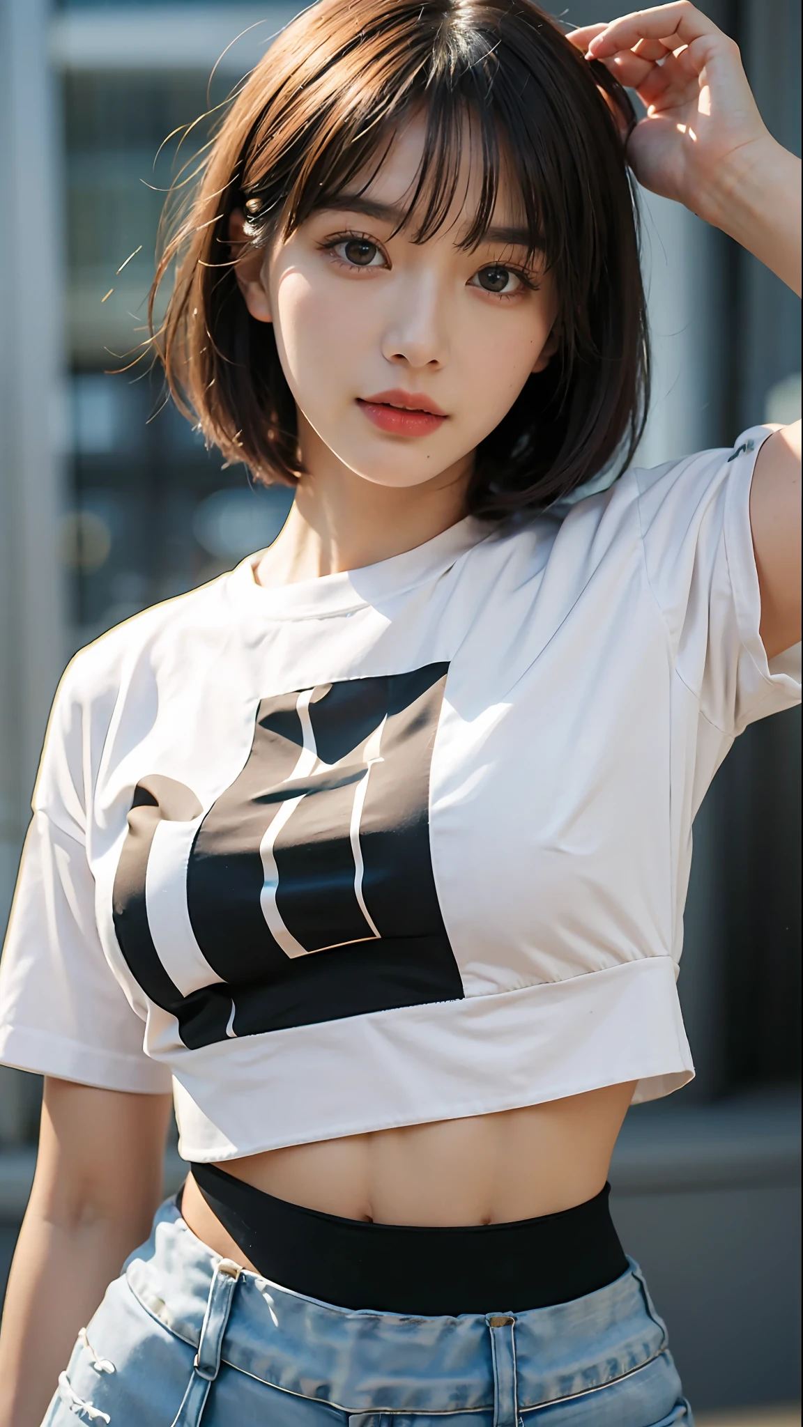 (Original photo: 1.2), (Realistic: 1.4), (Masterpiece: 1.3), (Best quality: 1.4), Dreamy, (detailed eyes), (detailed facial features), (detailed clothing features), Skin tightness, (Shiny skin), (Slim Girl), (Slim Girl), (Slim Girl), 1 Girl, Veronica Code, Solo, Cute, Bangs, Short brown hair, Black eyes, (Medium breasts), ((Shirt)), Dynamic pose, (Kodak Film Color) ((Camera not visible)) ((White Studio) (Studio Light) ,(crop top:1.4)