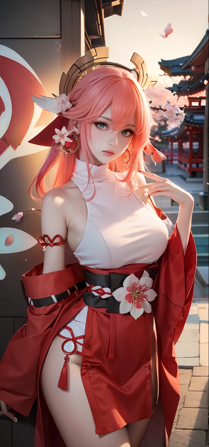 (Masterpiece, Excellent, 1girl, solo, complex details, color difference), realism, ((medium breath)), off-the-shoulders, big breasts, sexy, Yae Miko, long pink hair, red headdress, red highlight, hair above one eye, green eyes, earrings, sharp eyes, perfectly symmetrical figure, choker, neon shirt, open jacket, turtleneck sweater, against the wall, brick wall, graffiti, dim lighting, alley, looking at the audience, ((mean, seductive, charming)), ((cherry blossom background ))),((Japanese temple background)))), (((Glow-in-the-dark background)))