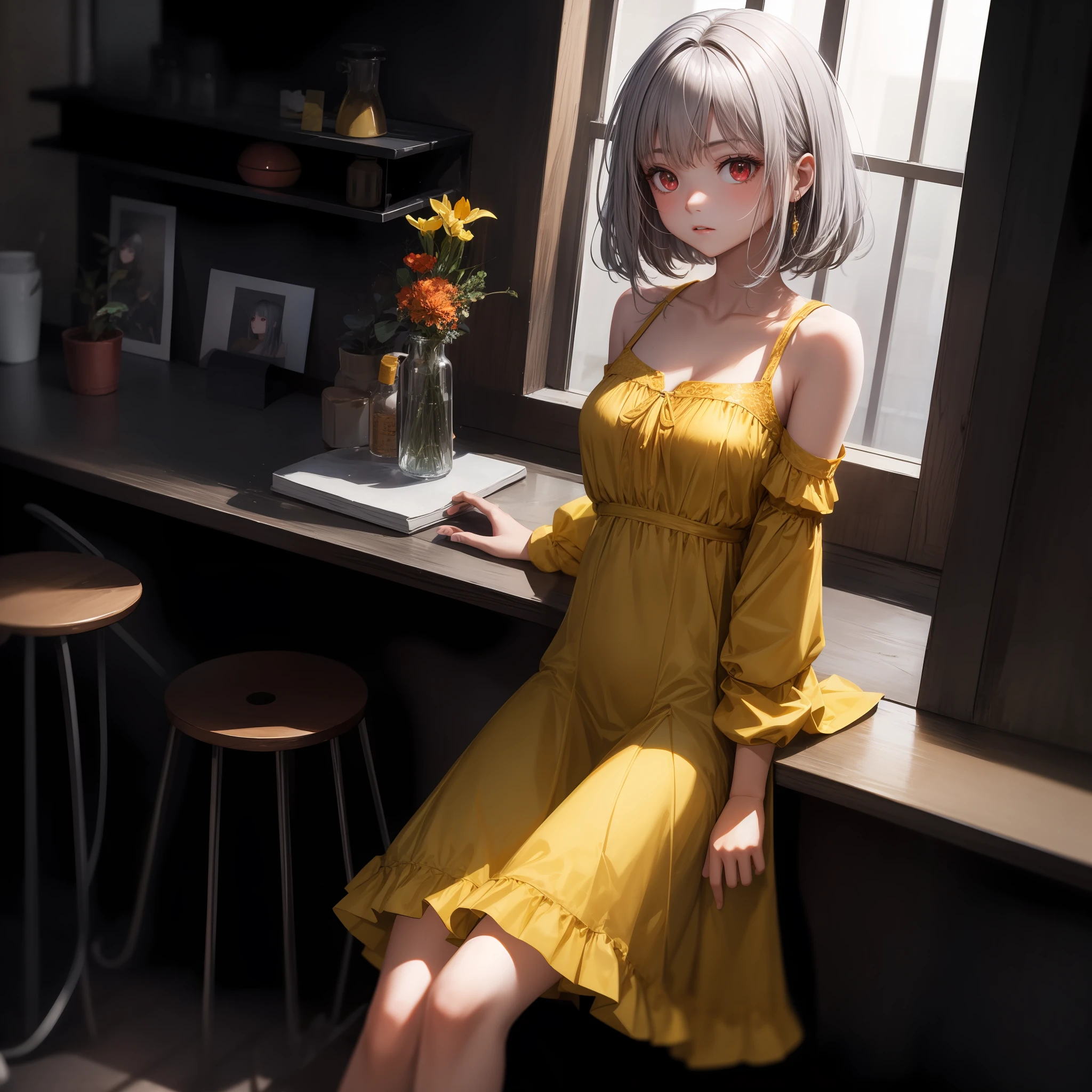 gray hair, red eyes, girl, alone, solo, 1girl, yellow dress