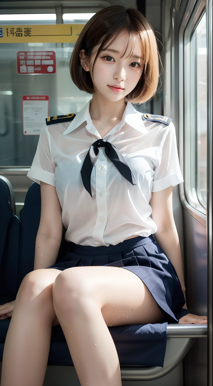 Japanese Girls、18歳の女の子、ple short hair、Blond Hair、bangs、BROWN EYES、Perfect figure、Sense of transparency、luster、gloss、modest chest、School Uniforms、Navy blue ribbon、Light blue shirt、Navy blue skirt、Guangyue、Burning body、hposing Gravure Idol、On the train、Beautiful feet、Strong sunlight、Nasty、Rain-drenched body、wet