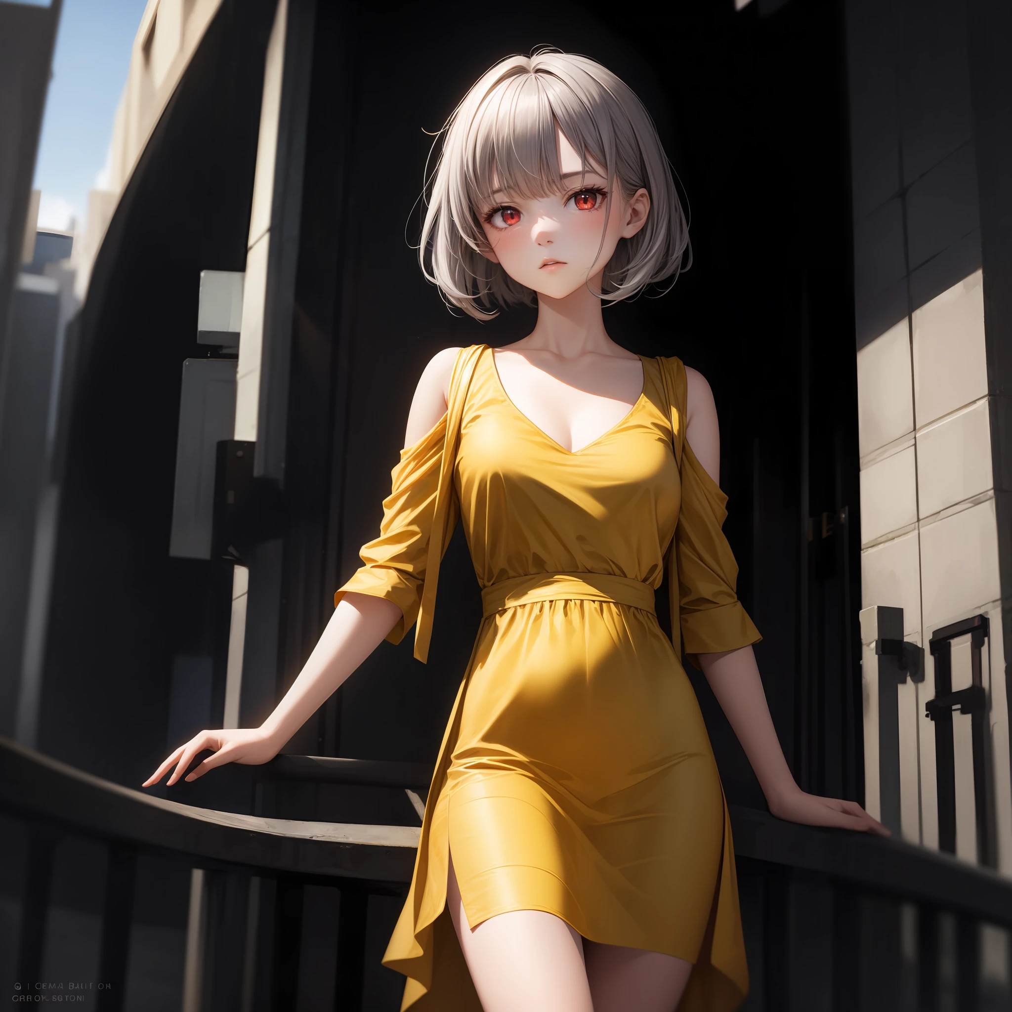gray hair, red eyes, girl, alone, solo, 1girl, yellow dress
