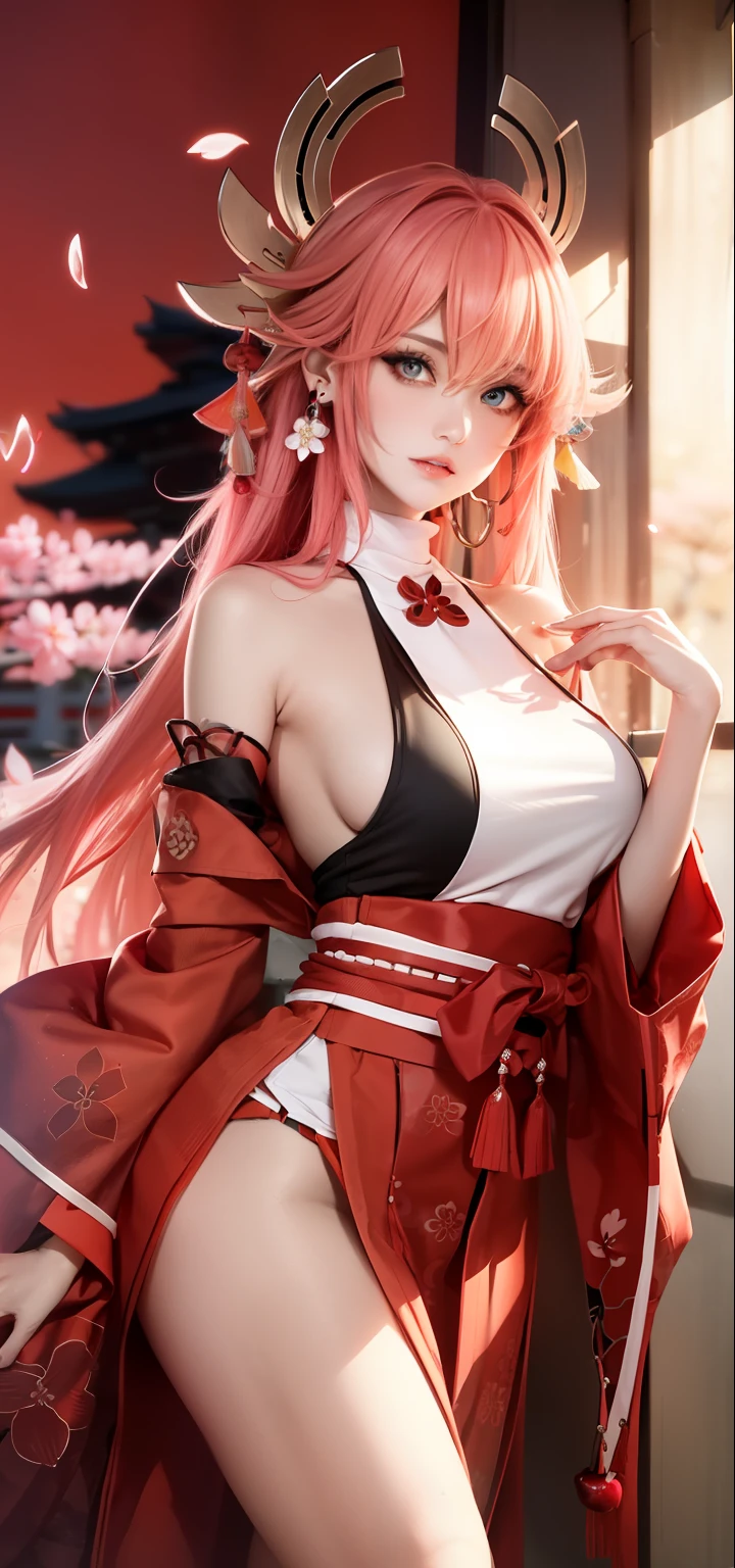 (Masterpiece, Excellent, 1girl, solo, complex details, color difference), realism, ((medium breath)), off-the-shoulders, big breasts, sexy, Yae Miko, long pink hair, red headdress, red highlight, hair above one eye, green eyes, earrings, sharp eyes, perfectly symmetrical figure, choker, neon shirt, open jacket, turtleneck sweater, against the wall, brick wall, graffiti, dim lighting, alley, looking at the audience, ((mean, seductive, charming)), ((cherry blossom background ))),((Japanese temple background)))), (((Glow-in-the-dark background)))