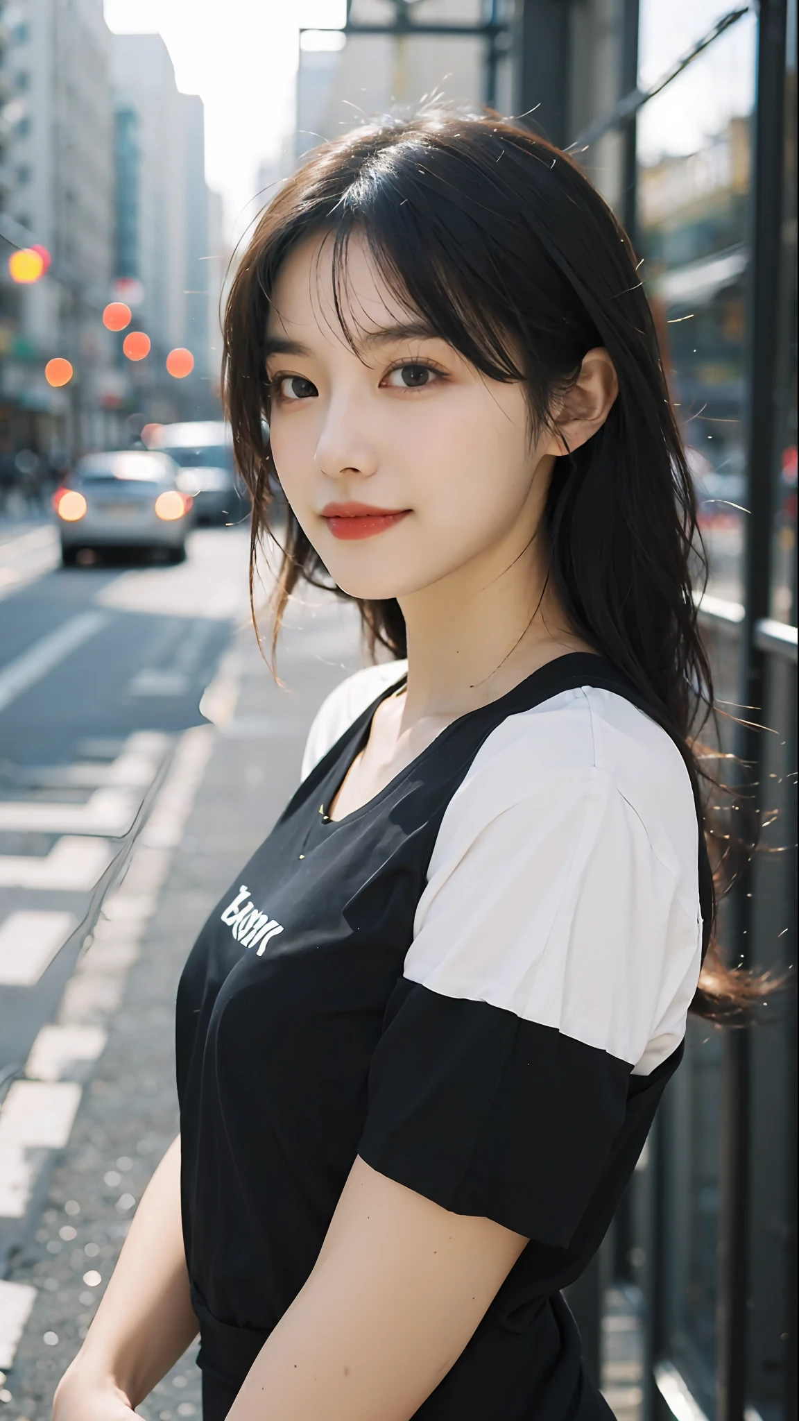 Standing on a street corner (((1 girl))) ((whole body visible)), she is a woman. Stay away from the audience. He is as beautiful, sexy, and young as Korean idol Hyunjin. She is slender, tall and has a good style. She has black hair that is centrally parted and has shiny smooth hair. She was grinning. She looked straight at us. She wore a black T-shirt and black leggings. Camera focused on her face, face light, very large aperture, ((f/1.2)), shallow depth of field, strong background lens blur, ISO 3000, auto white balance, highly detailed professional lighting, soft light, raw photo, Uniqlo fashion model, high quality, masterpiece, award winning photo, huge file size, 8K, high resolution, shot with Sony DSLR