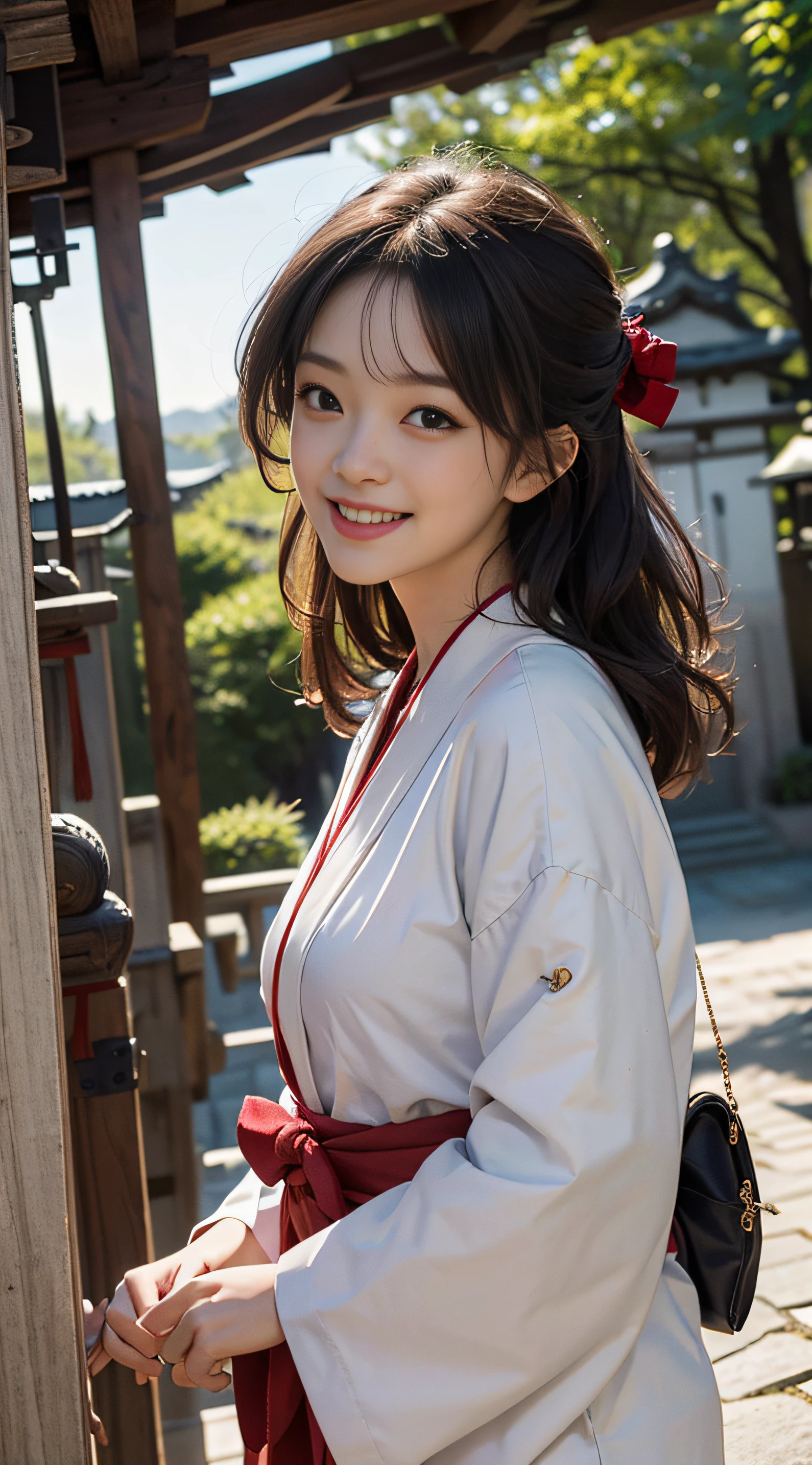 Best quality, ultra high resolution, masterpiece, photo quality (photorealistic photo: 1.8), pores, precision, priestess, shrine maiden, light lab coat, light scarlet hakama, red sleeve, Japan woman, one woman, japanes_shrine,19 years old, laughing,