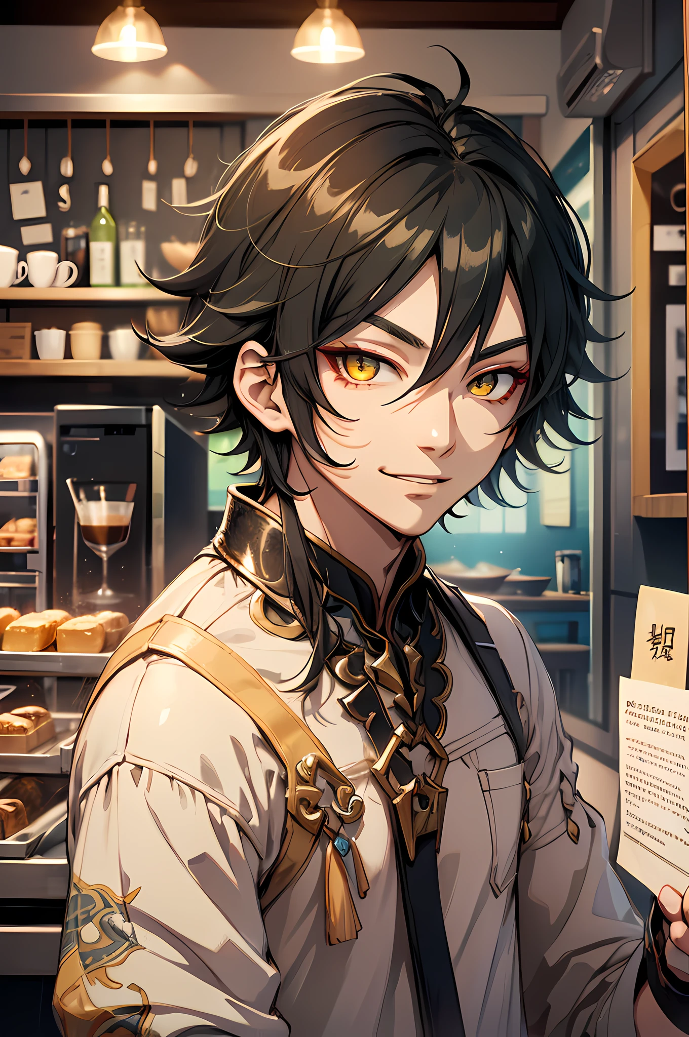 xiao (genshin impact), (absurdres, highres, ultra detailed, HDR), masterpiece, best quality, official, 1boy, solo, handsome, yellow eye, casual clothes, cafe in background, coffee, smirk