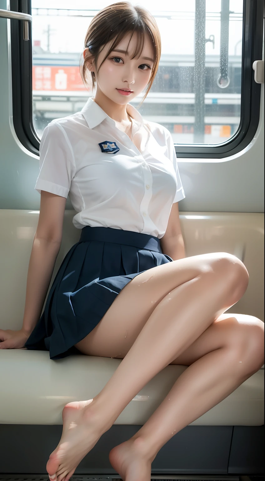 Japanese Girls、18歳の女の子、ple short hair、Blond Hair、bangs、BROWN EYES、Perfect figure、Sense of transparency、luster、gloss、modest chest、School Uniforms、Navy blue ribbon、Light blue shirt、Navy blue skirt、Guangyue、Burning body、hposing Gravure Idol、On the train、Beautiful feet、Strong sunlight、Nasty、Rain-drenched body、wet
