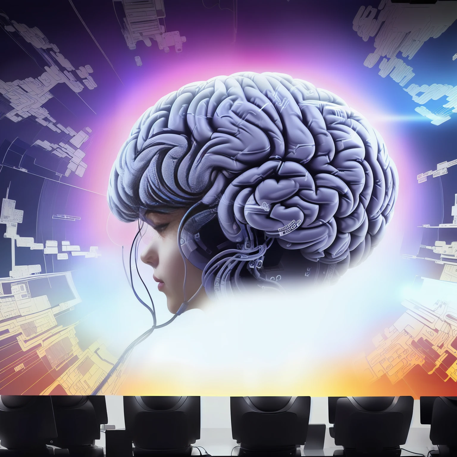 there is a computer screen with an image of a brain on it, consciousness projection, artificial intelligence, brain connected to the computer, realistic painting of the human mind, brain interface, mind control, they reach your mind, neuroscience, brains, strong artificial intelligence, the encrypted metaverse, tendency in mentalray, artificial intelligence gods, intense knowledge, with brains, mental blow,  big brain, high quality, masterpiece.