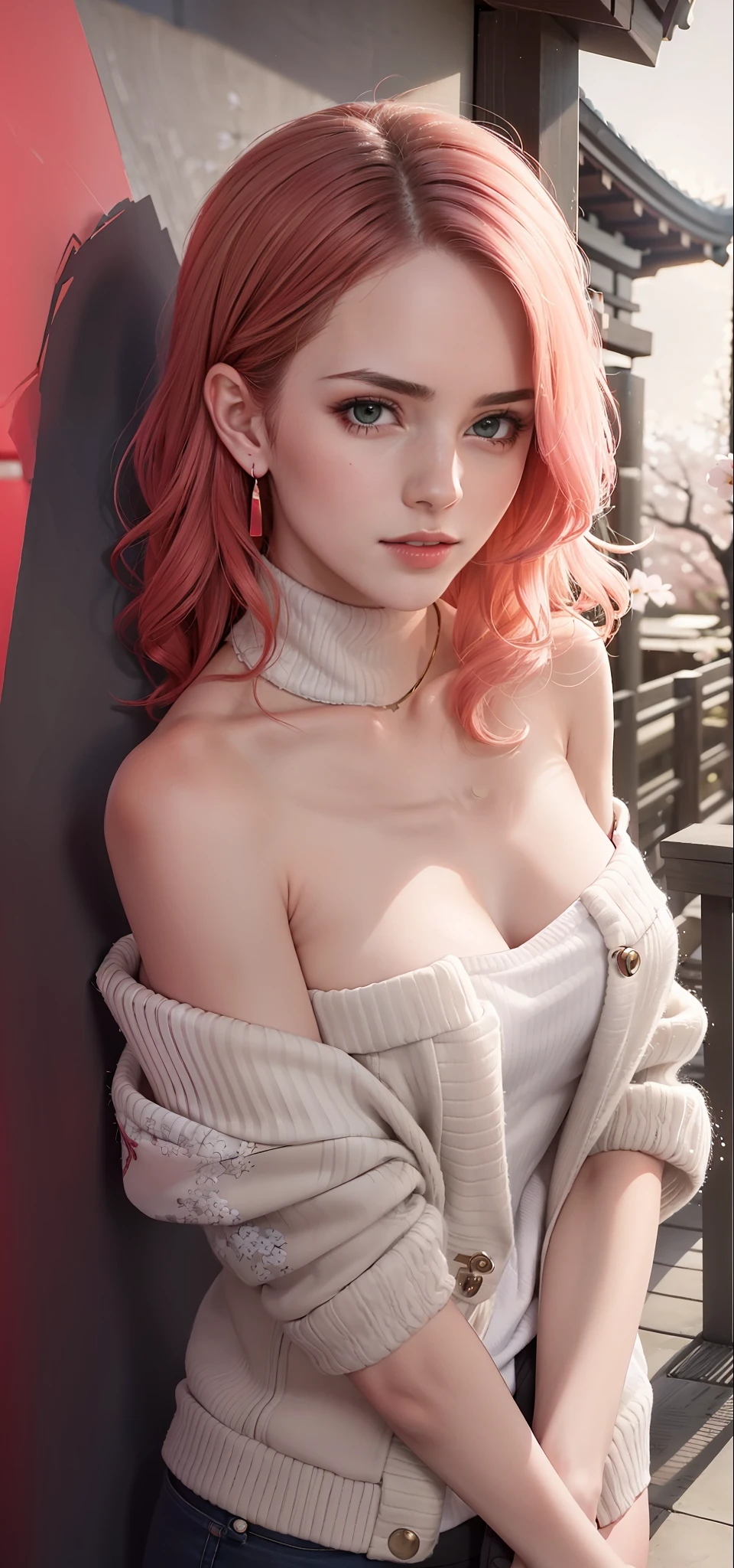 (Masterpiece, Excellent, 1girl, solo, complex details, color difference), realism, ((medium breath)), off-the-shoulders, big breasts, sexy, Yae Miko, long pink hair, red headdress, red highlight, hair above one eye, green eyes, earrings, sharp eyes, perfectly symmetrical figure, choker, neon shirt, open jacket, turtleneck sweater, against the wall, brick wall, graffiti, dim lighting, alley, looking at the audience, ((mean, seductive, charming)), ((cherry blossom background ))),((Japanese temple background)))), (((Glow-in-the-dark background)))