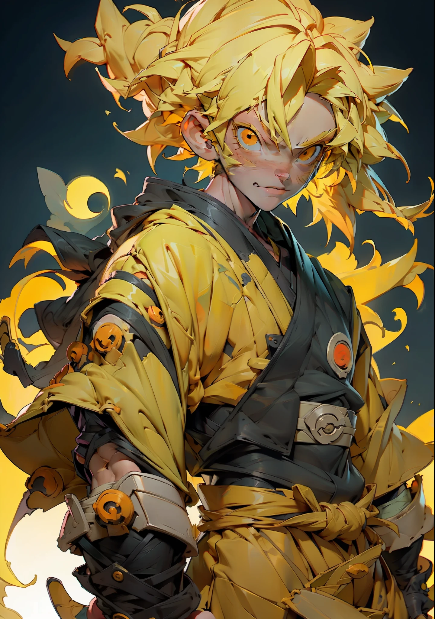 Naruto uzumaki, young boy(1boy) with yellow hair and orange and black clothes, ninja bandana on his forehead, Naruto, super detailed and defined illustration, concept art, artstation, 8k.