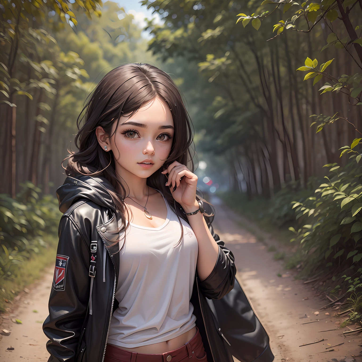 (8k, RAW photo, best quality, masterpiece: 1.2), hyperdetail, formal art, realism: 1.37, upper body photo, drawing an anime girl in cute costume walking through sunny woods. Her hair fluttered gently and her eyes were vibrant. The surroundings are full of natural beauty, flowers are blooming, and trees are lush. , film grain, action pose --auto