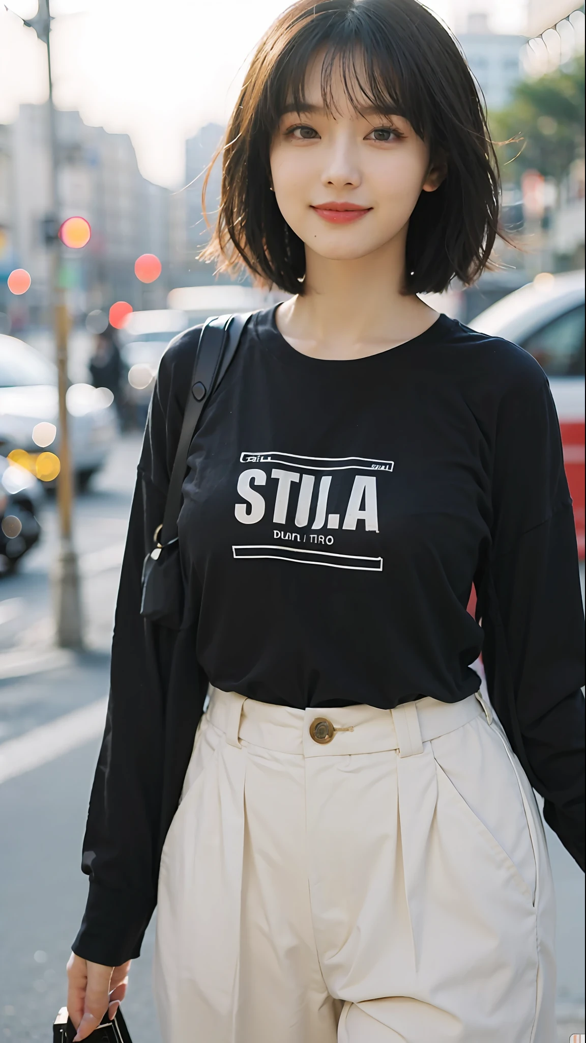 Standing on a street corner (((1 girl))) ((whole body visible)), she is a woman. Stay away from the audience. He is as beautiful, sexy, and young as Korean idol Hyunjin. She is slender, tall and has a good style. She has black hair that is centrally parted and has shiny smooth hair. She was grinning. She looked straight at us. She wore a black T-shirt and black leggings. Camera focused on her face, face light, very large aperture, ((f/1.2)), shallow depth of field, strong background lens blur, ISO 3000, auto white balance, highly detailed professional lighting, soft light, raw photo, Uniqlo fashion model, high quality, masterpiece, award winning photo, huge file size, 8K, high resolution, shot with Sony DSLR