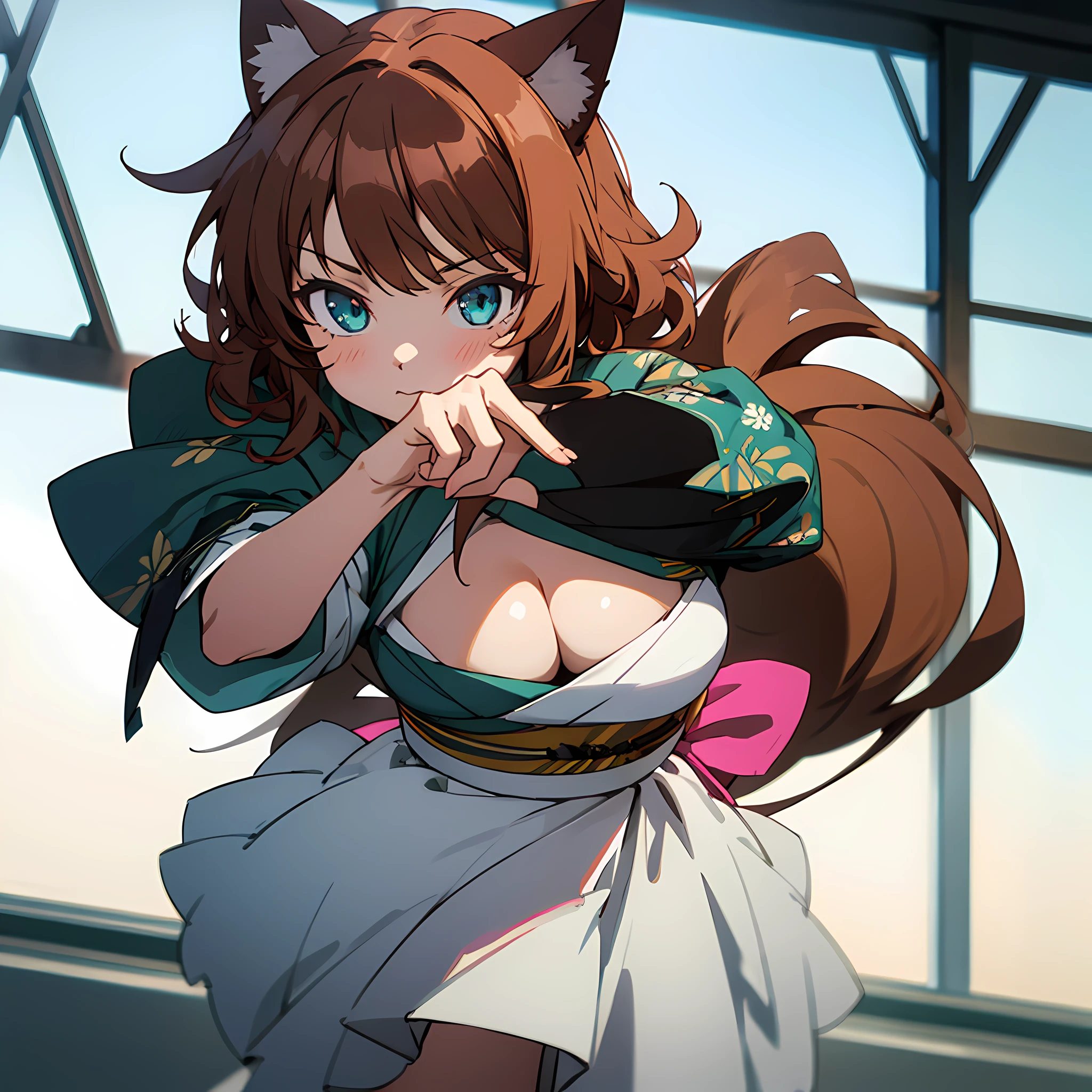 masterpiece, (Best Quality:1.4),(Perfect Anatomy:1.4), High Quality, very_high_resolution, Ultra Detailed, large_filesize, Detail, 8K, 4K, High Resolution,Symmetrical,Extraordinary, Best Aesthetics, New, Latest, Very Detailed, Anime, Detailed Beautiful Face and Eyes, Very Detailed Body, Very Detailed Hair Lovely Hands, Perfect Hands, Beautiful Hands, (1girl:1.4), Cat Ears, (Big, Big Looking cleavage, Brown Hair, Groomed Hair Semi-Long Hair, Exciting: 1.5), (Dynamic Angle, Eyes Looking Away, Cowboy Shot, Colorful floral kimono: 1.2), (, Brown Hair, Short Hair, Cat Ears, Aqua Eyes, Slender Girl), (City, Osaka Station, Station Platform, Train, Crowd) , BREAK, Cat Pose, Walking
