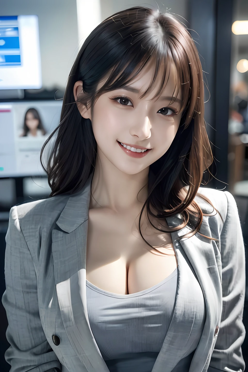 (8k, RAW photo, ultra high res, best quality, masterpiece:1.2), (realistic illustration), (extremely detailed CG unity 8k wallpaper), absurdres,
1 girl,21 yo, beautiful face,medium breasts,black medium hair,smile,tilting head,grin,upper body,slim fit pants,gray tailored jacket,office,upper body、乃木坂アイドル、女優、韓国アイドル